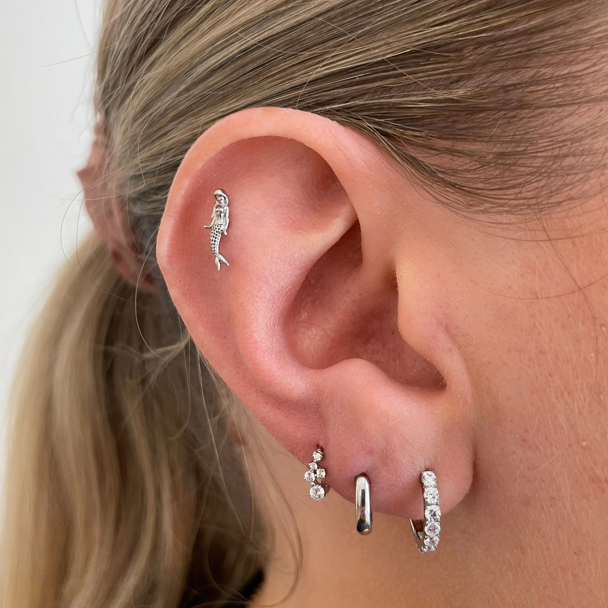 9k solid white gold mermaid flat back labret stud earring 6mm (right) Cartilage Studs Laura Bond Jewellery