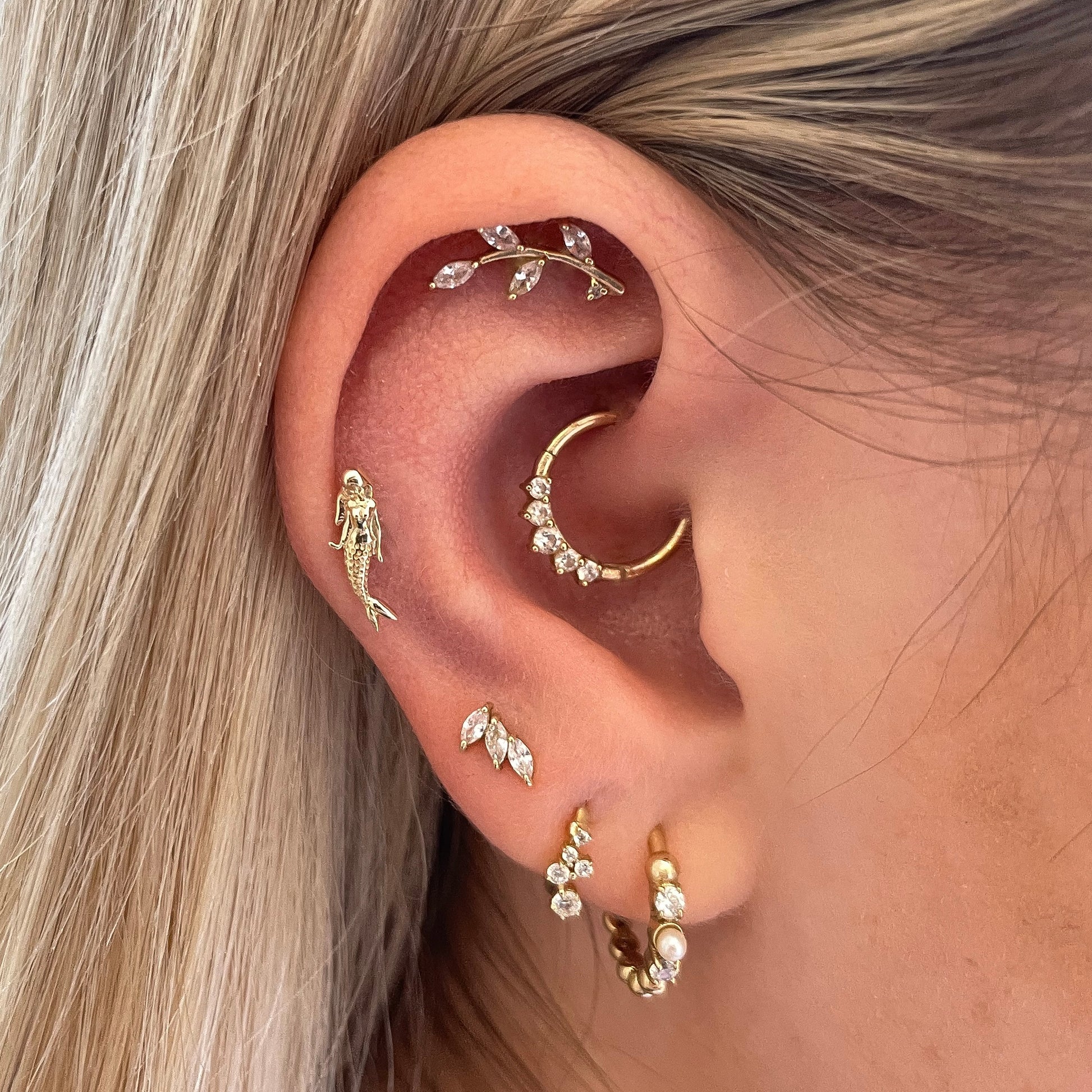 9k solid yellow gold mermaid flat back labret stud earring 6mm (right) Cartilage Studs Laura Bond Jewellery