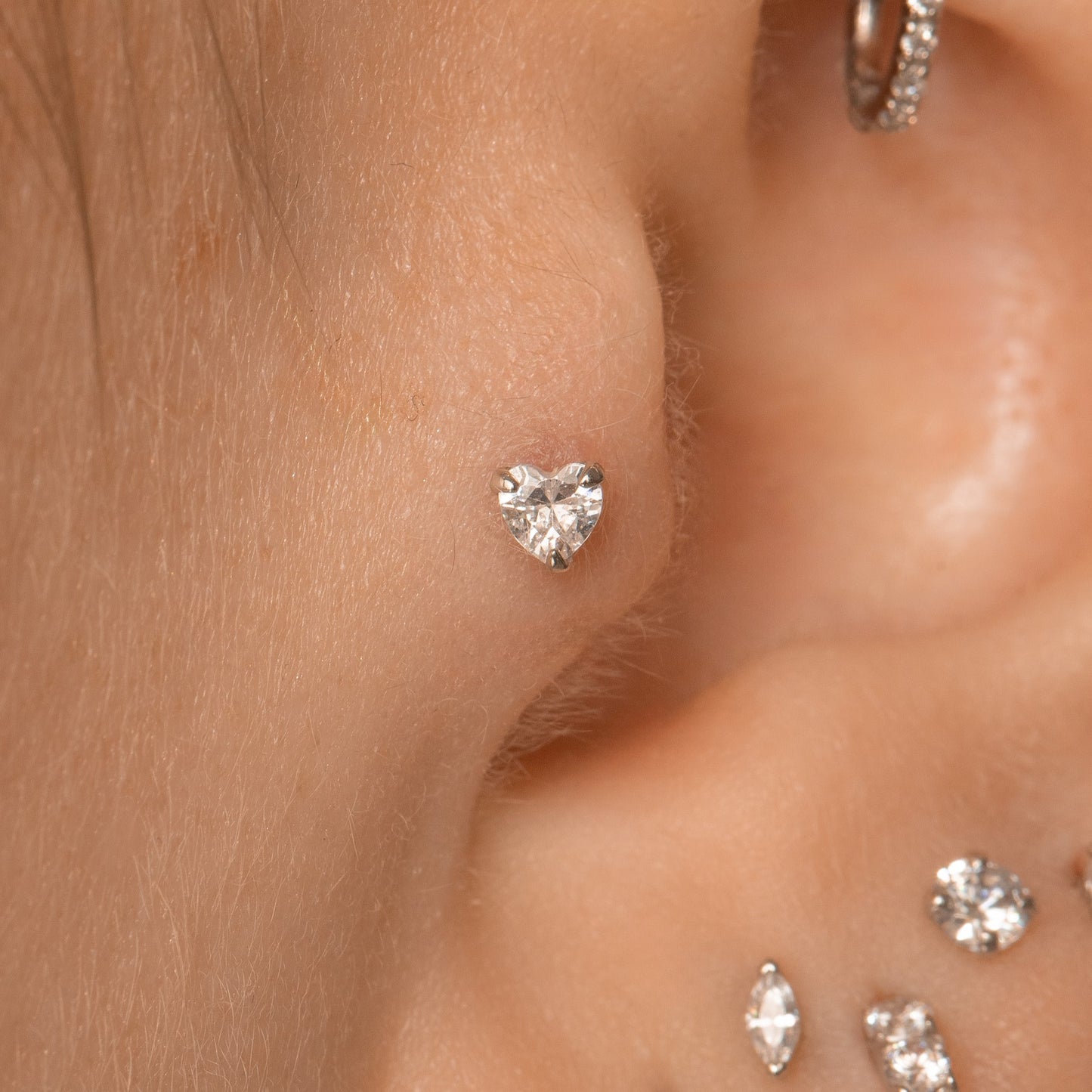 Laura Bond Jewellery 9k solid white gold crystal heart flat back labret stud earring Cartilage Studs