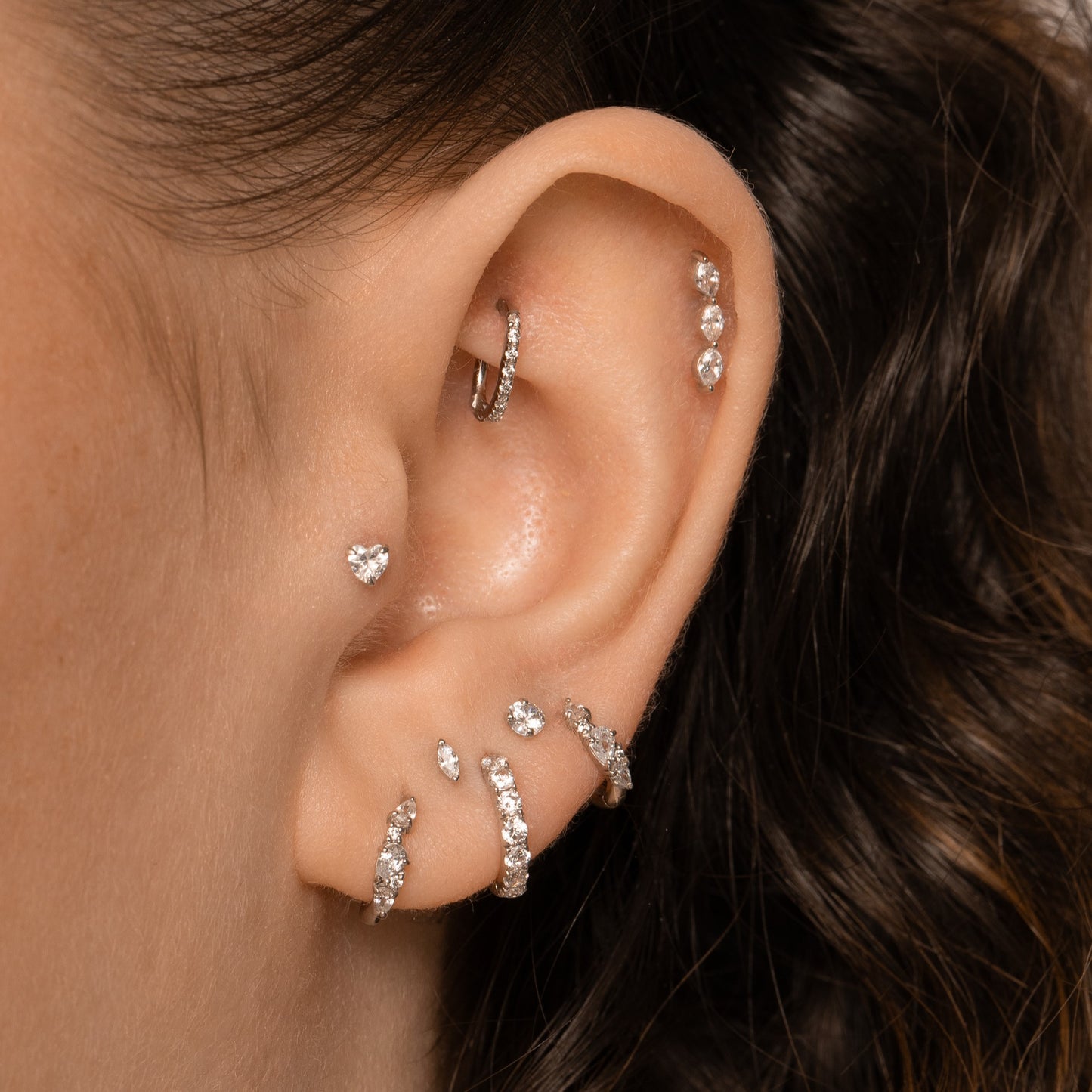 Laura Bond Jewellery 9k solid white gold crystal heart flat back labret stud earring Cartilage Studs