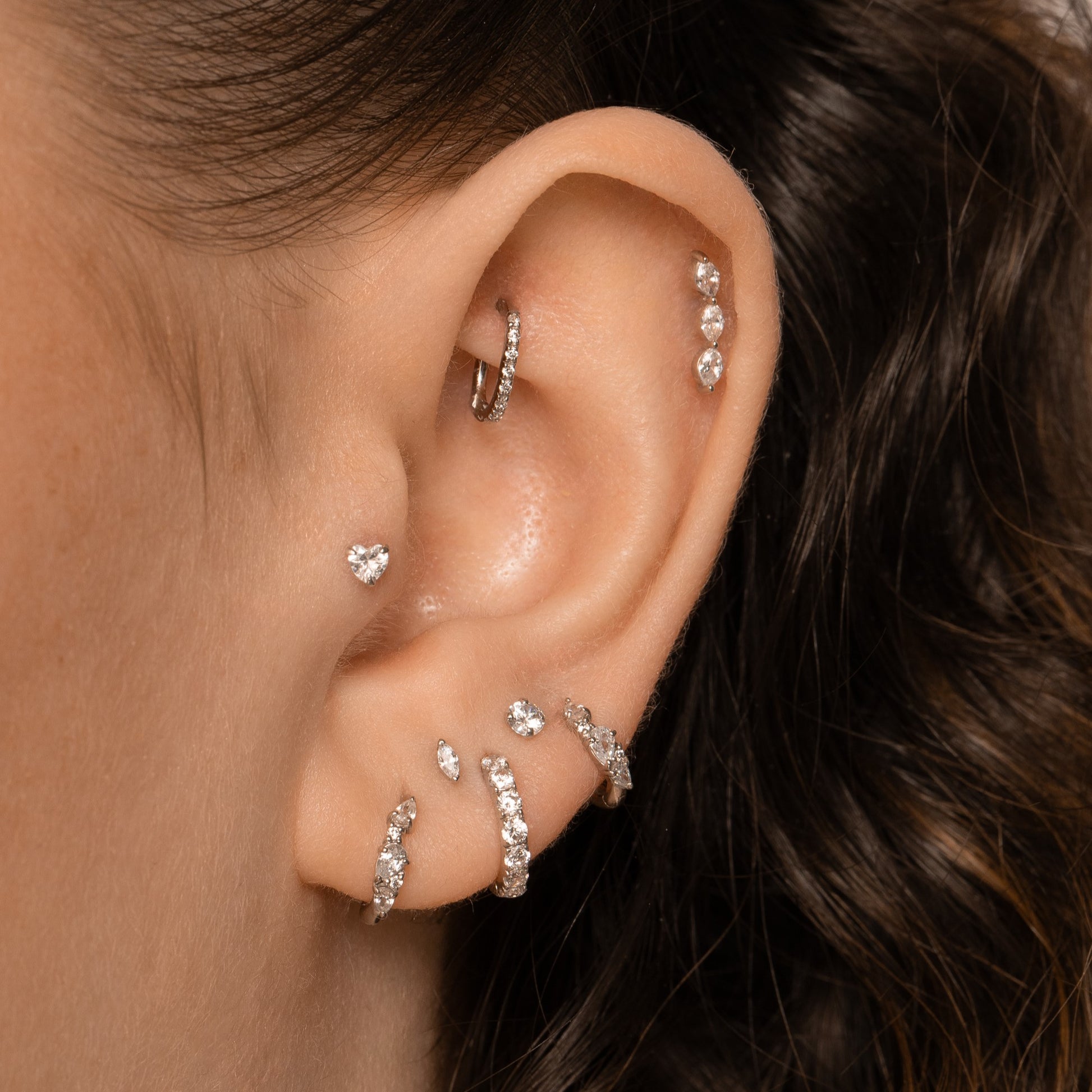 Laura Bond Jewellery 9k solid white gold crystal heart flat back labret stud earring Cartilage Studs