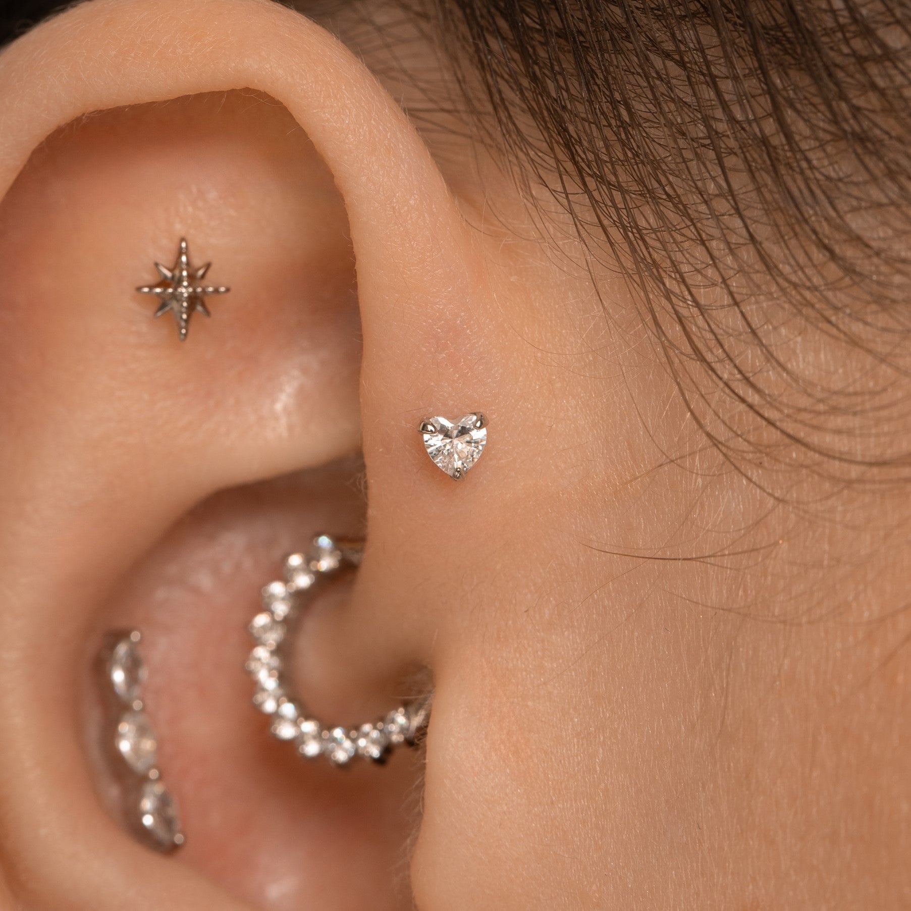 Laura Bond Jewellery 9k solid white gold crystal heart flat back labret stud earring Cartilage Studs