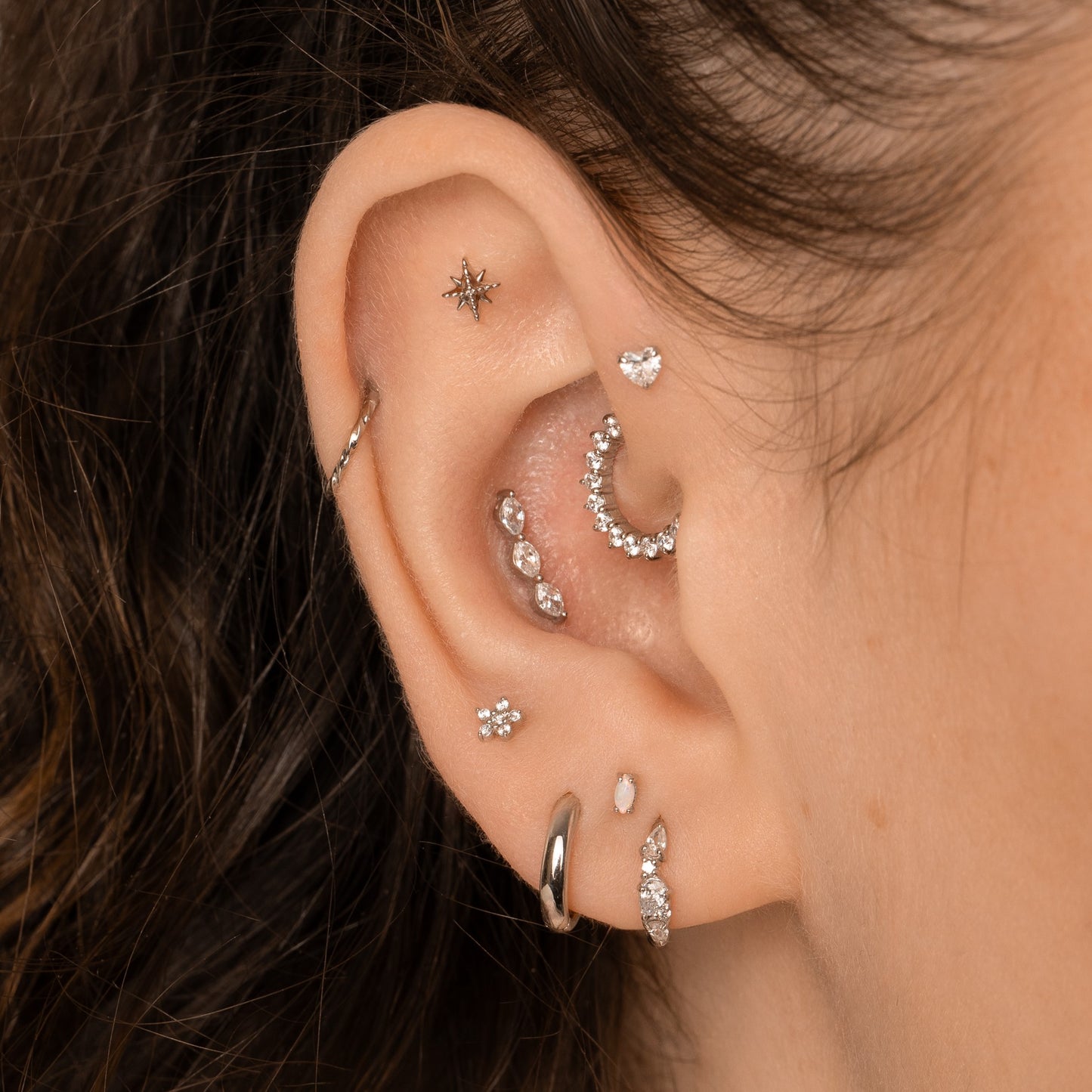 Laura Bond Jewellery 9k solid white gold crystal heart flat back labret stud earring Cartilage Studs