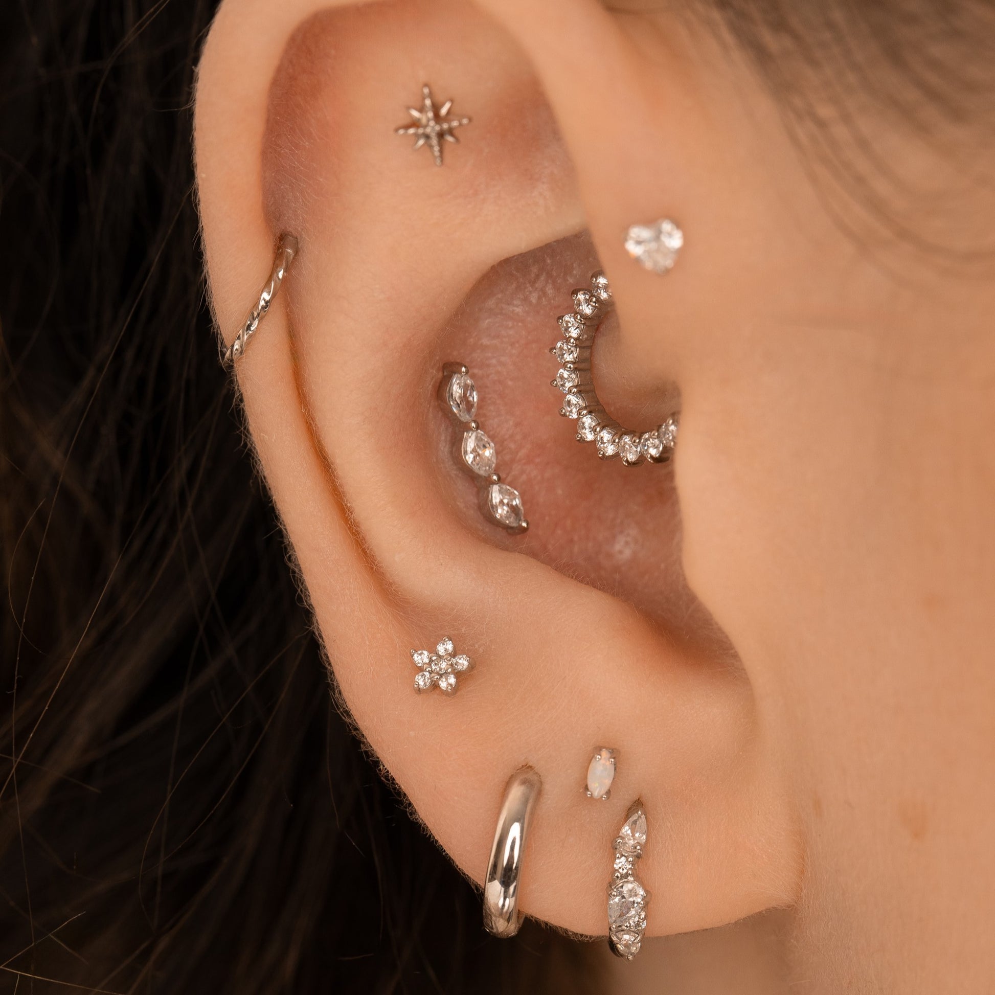 Laura Bond Jewellery 9k solid white gold dainty Daisy flat back labret stud earring Cartilage Studs