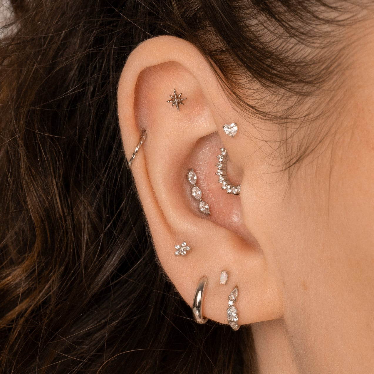 Laura Bond Jewellery 9k solid white gold dainty Daisy flat back labret stud earring Cartilage Studs