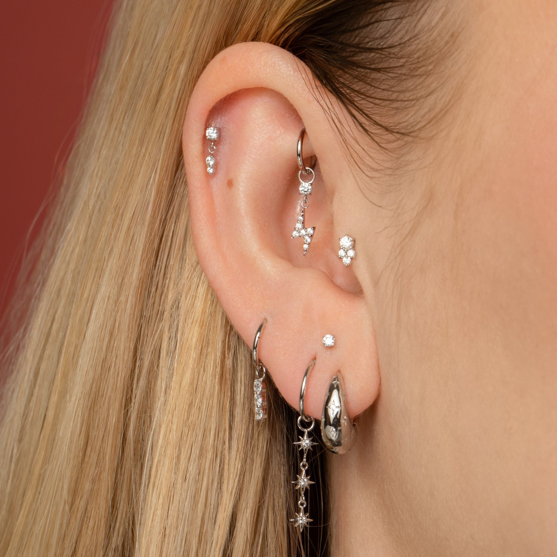 Laura Bond Jewellery 9k solid white gold Drops of Jupiter flat back labret stud earring Cartilage Studs