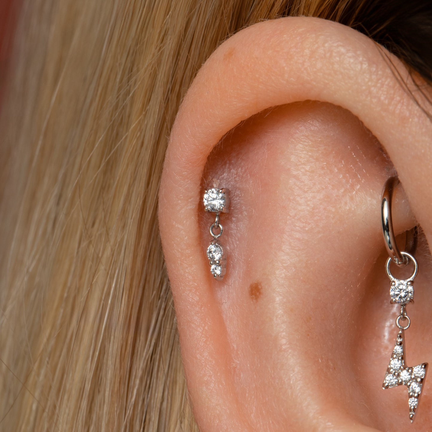 Laura Bond Jewellery 9k solid white gold Drops of Jupiter flat back labret stud earring Cartilage Studs