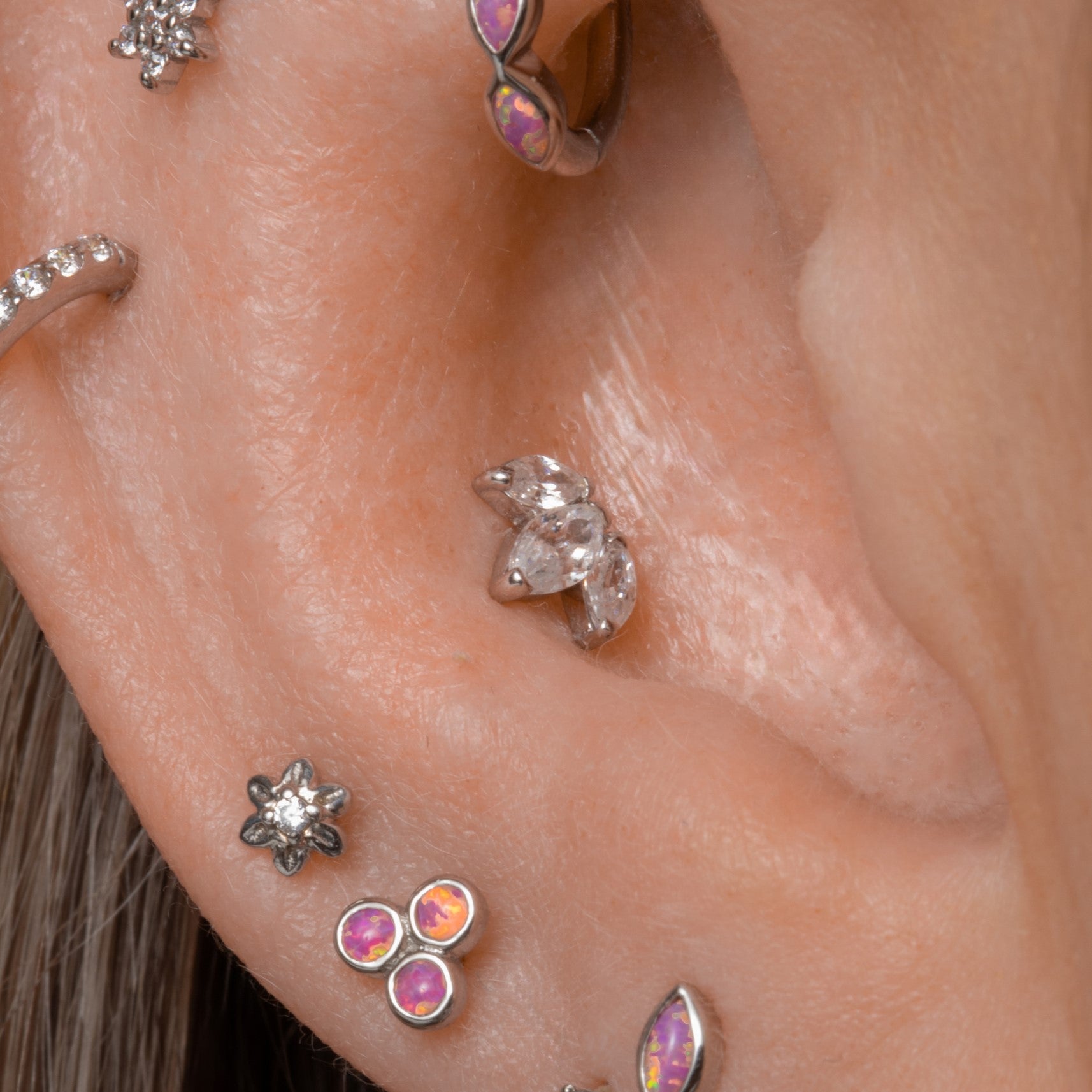 Laura Bond Jewellery Bold and Gold Edinburgh 9k solid white gold Lotus flower flat back labret stud earring 6mm Cartilage Studs