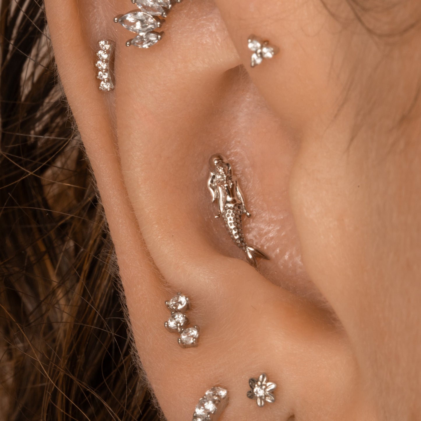 9k solid white gold mermaid flat back labret stud earring 6mm (right) Cartilage Studs Laura Bond Jewellery