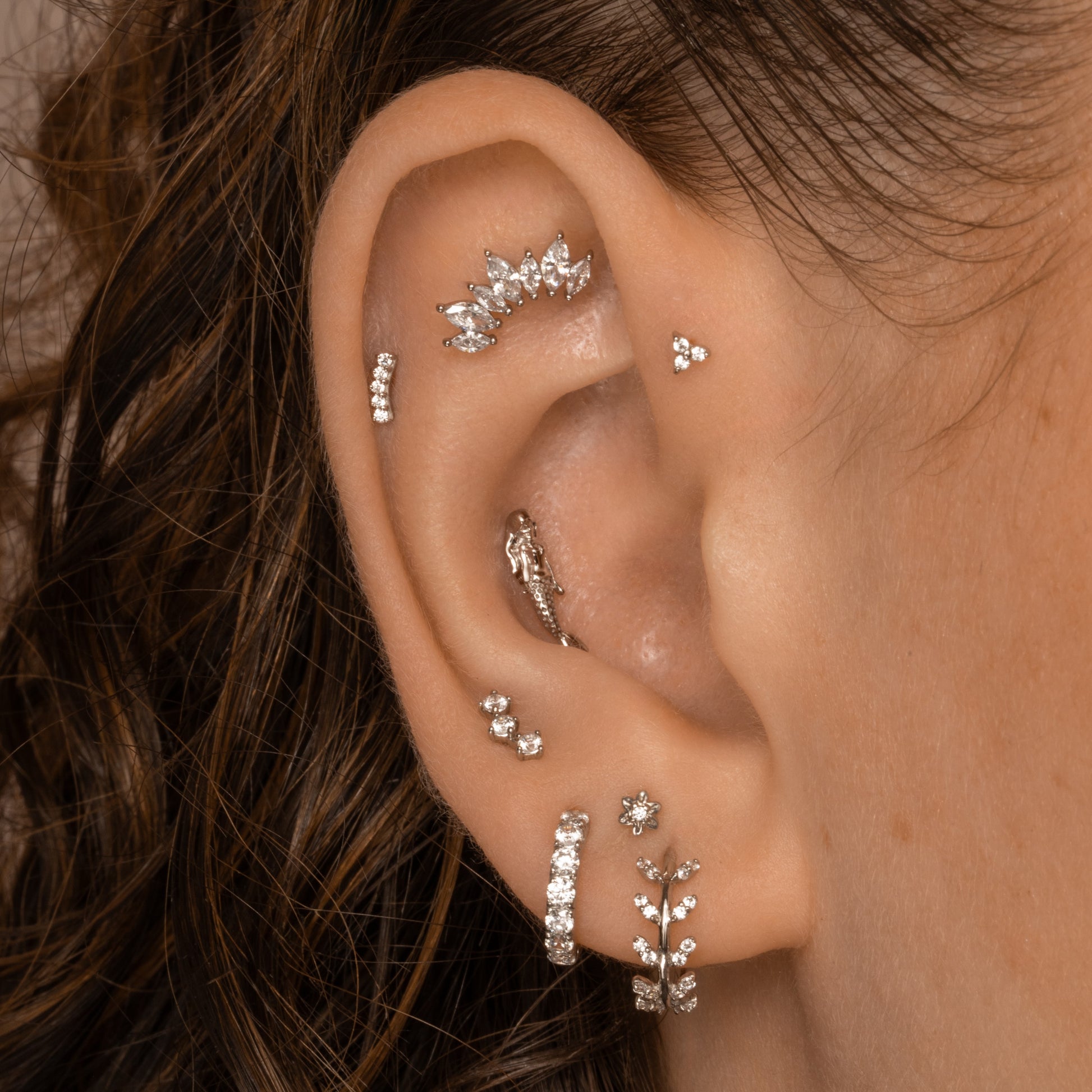 Laura Bond Jewellery Bold and Gold Edinburgh 14k solid white gold tiny trio flat back labret stud earring 8mm Cartilage Studs