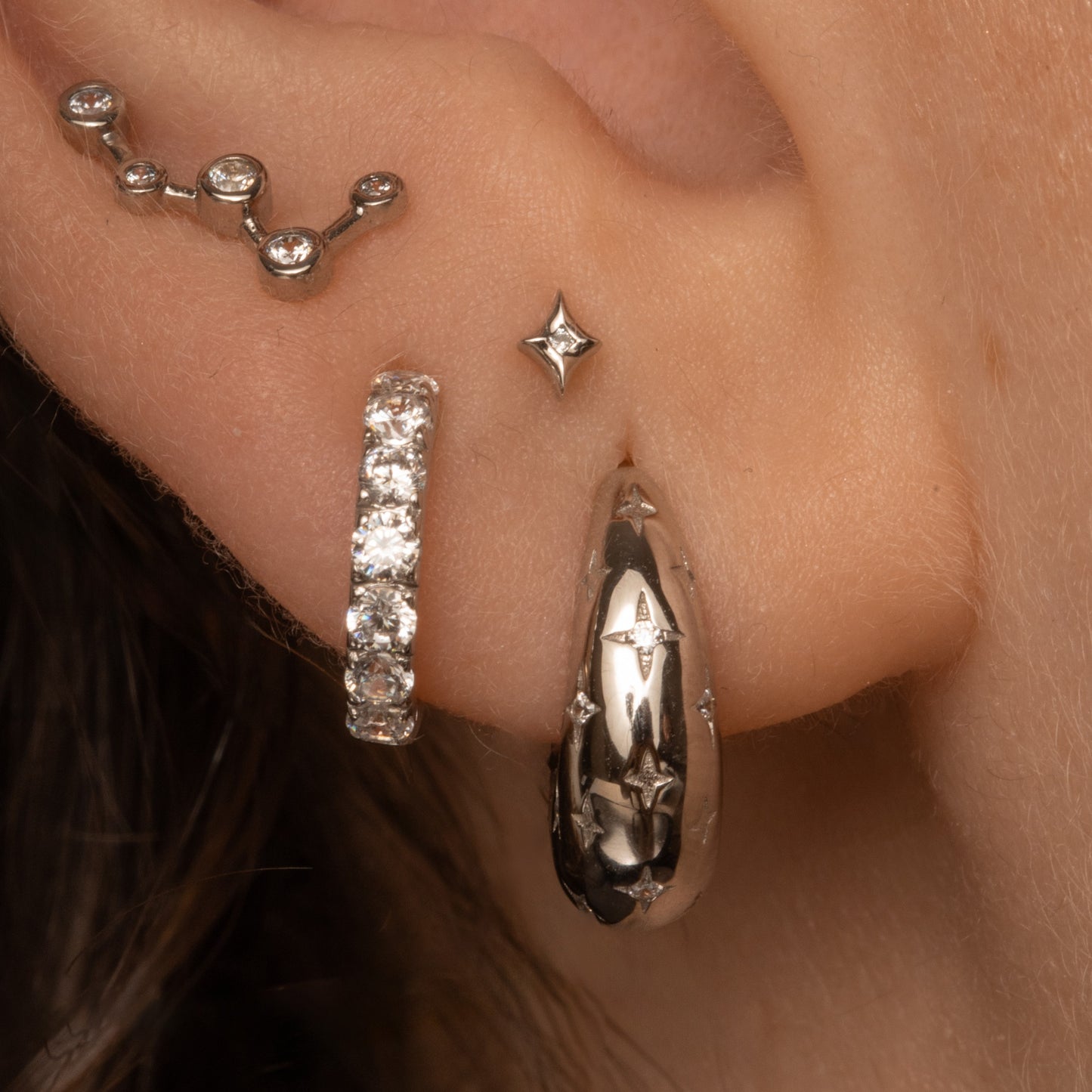Laura Bond Jewellery 9k solid white gold nuit étoilée Domed huggie earring pair Earring Pairs