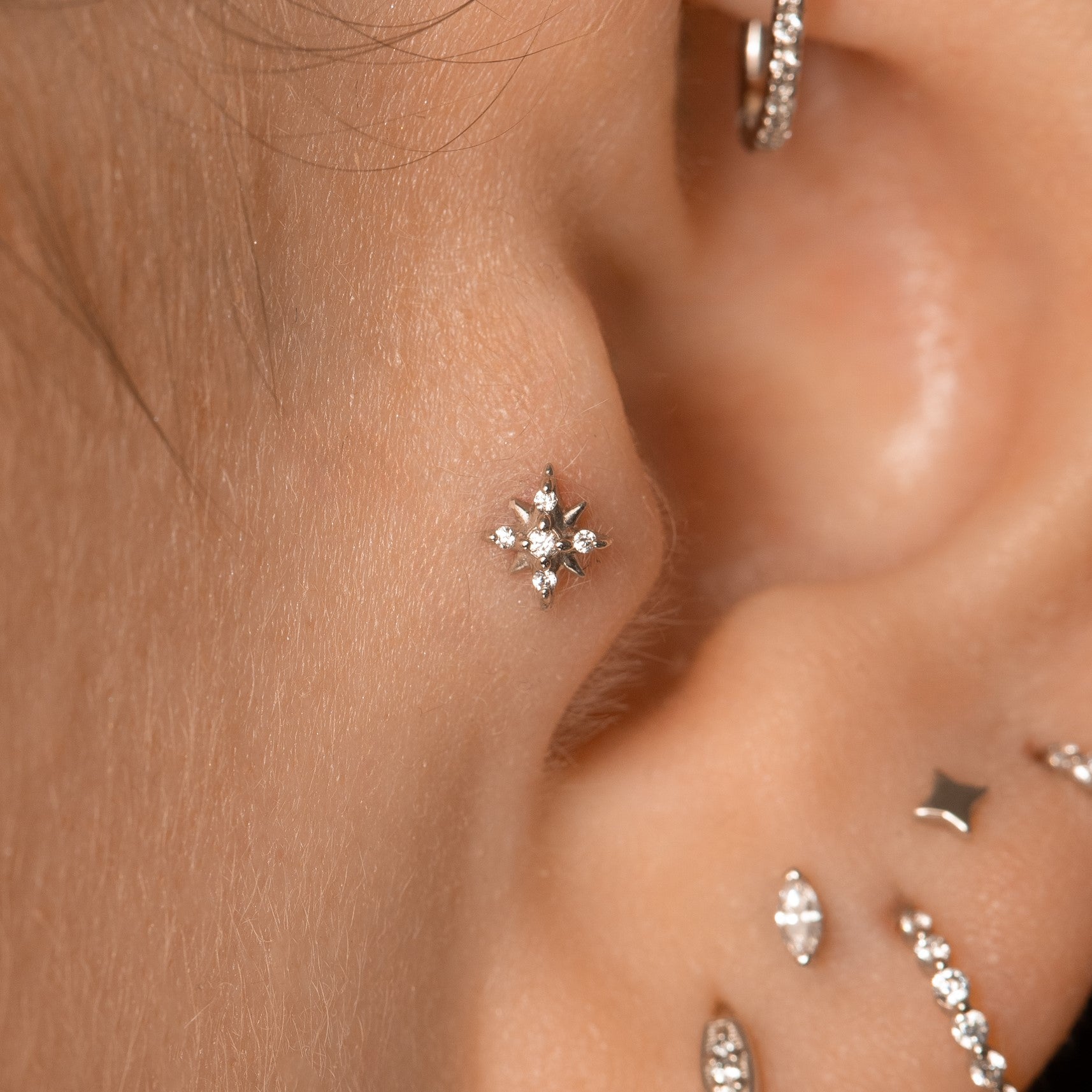 Laura Bond Jewellery 9k solid white gold Stella North Star flat back labret stud earring Cartilage Studs