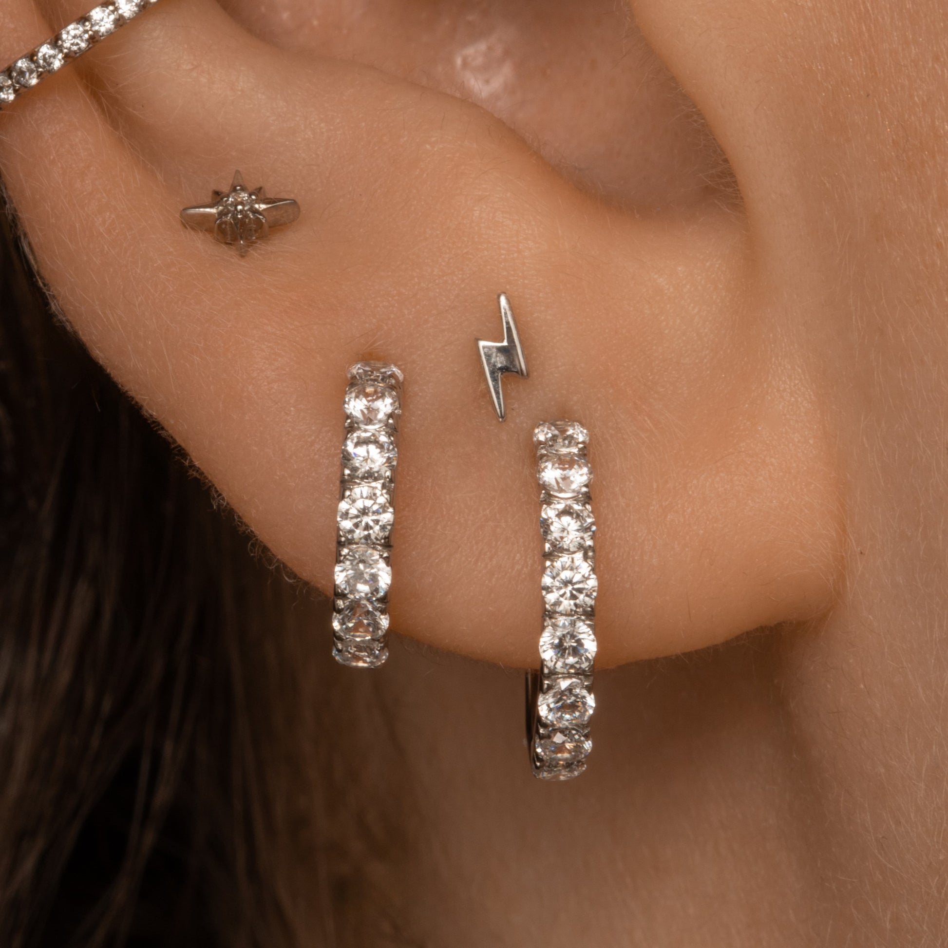 Laura Bond Jewellery Bold and Gold Edinburgh 14k solid white gold tiny lightning bolt flat back labret stud earring 8mm Cartilage Studs