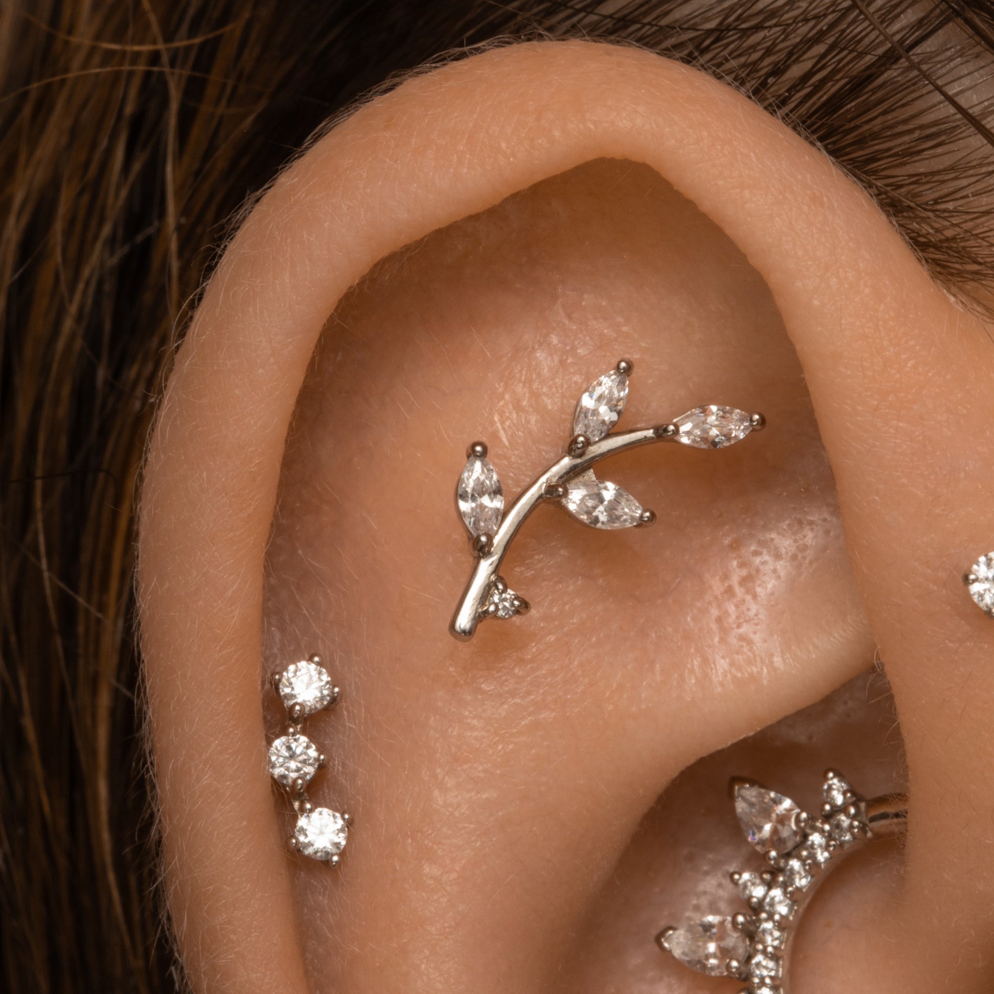 Laura Bond Jewellery Bold and Gold Edinburgh 14k solid white gold vine garland flat back climber stud earring 8mm Cartilage Studs