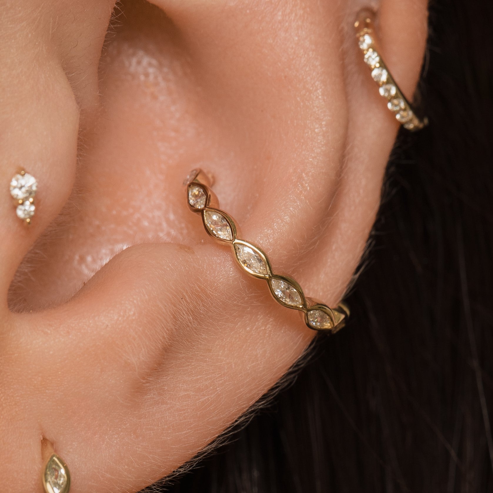 Laura Bond Jewellery Bold and Gold Edinburgh 14k solid yellow gold 16g marquise crystal clicker hoop earring Huggies and Hoops
