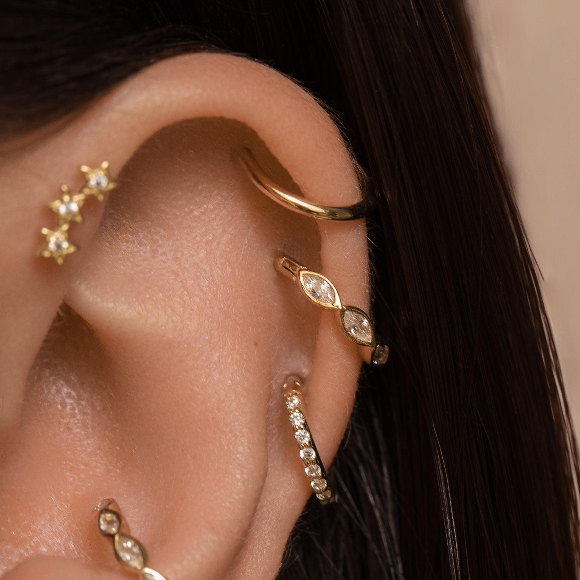 Laura Bond Jewellery Bold and Gold Edinburgh 14k solid yellow gold 16g marquise crystal clicker hoop earring Huggies and Hoops