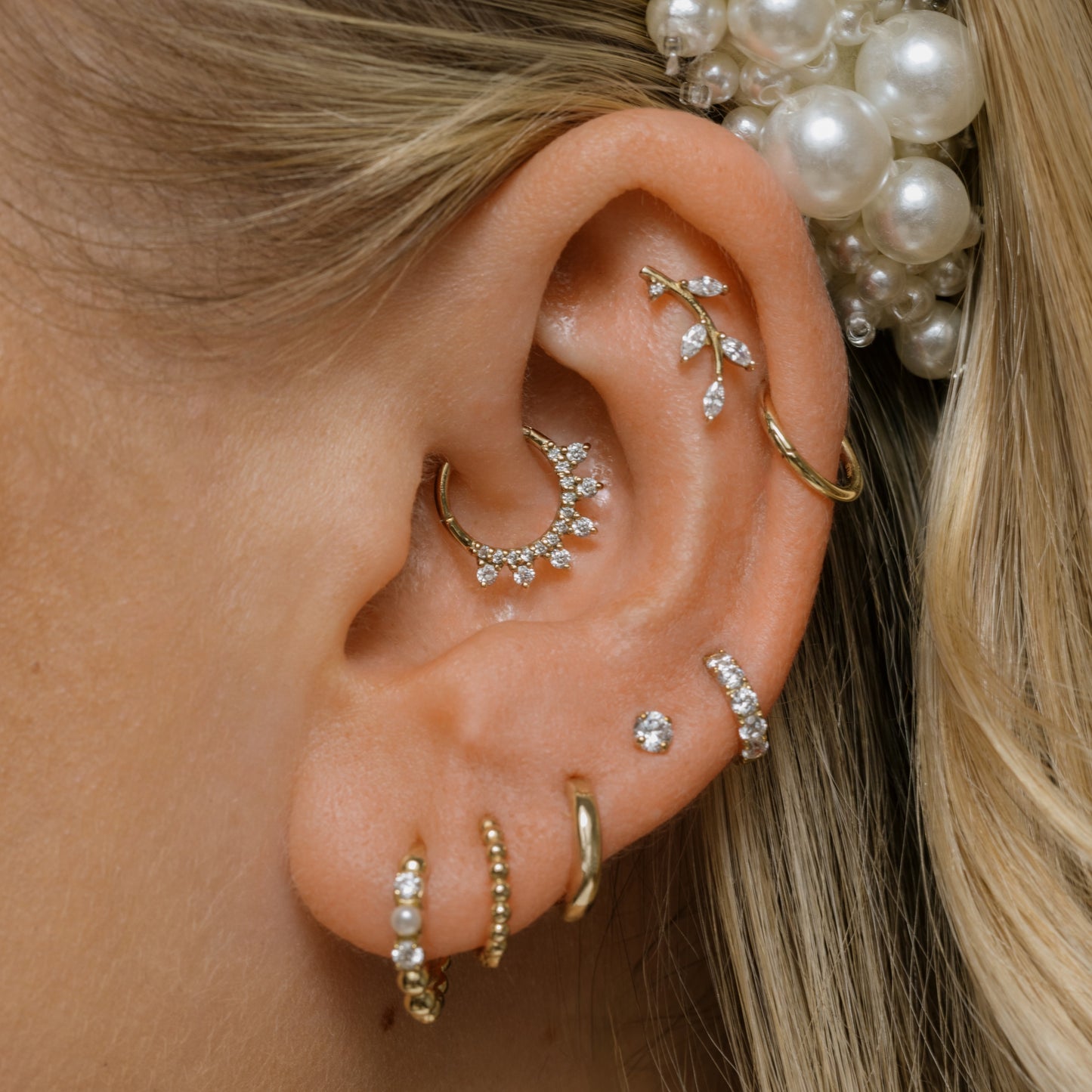 Laura Bond Jewellery 9k solid yellow gold 8mm 16g white crystal pavé hoop for daith or septum Huggies and Hoops