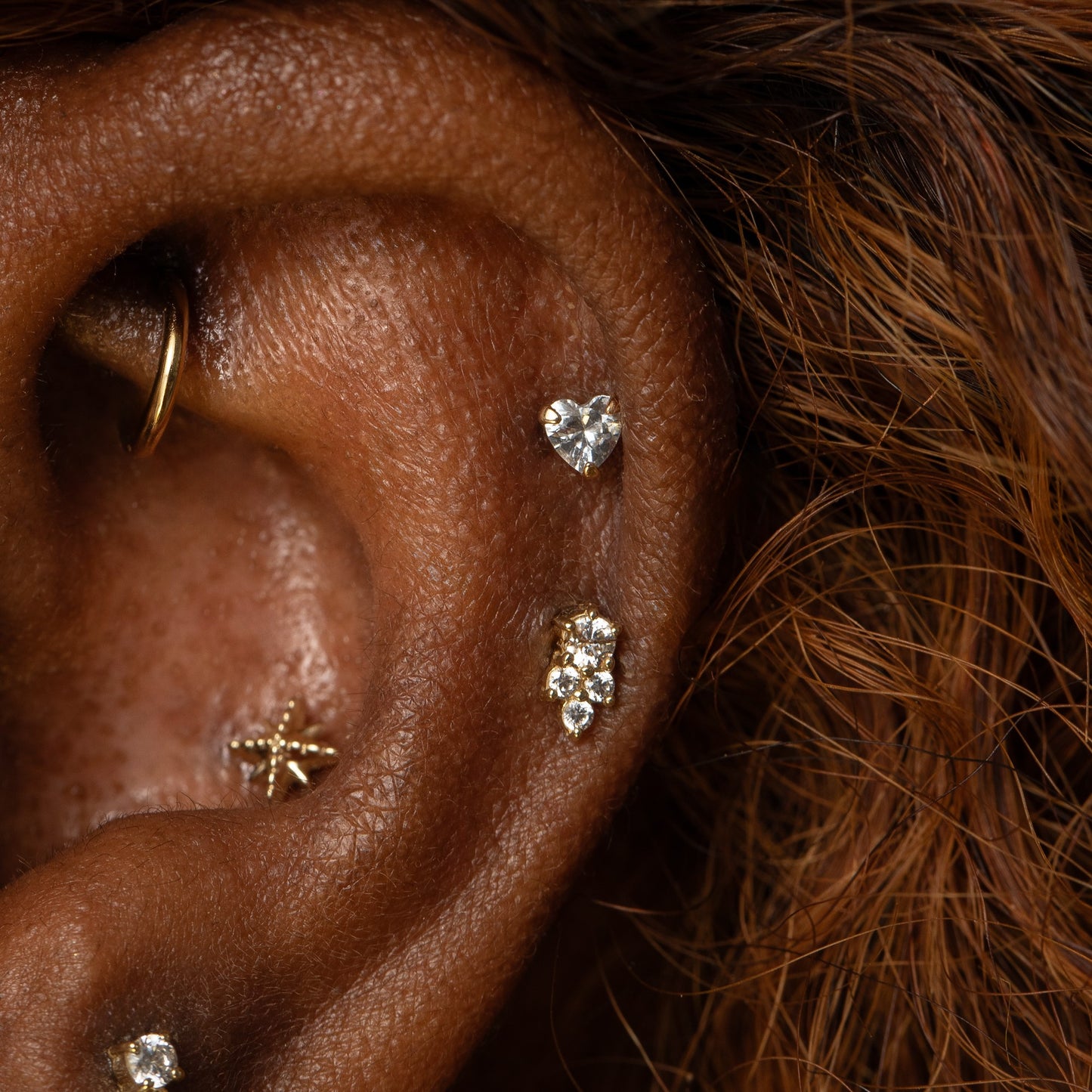 Laura Bond Jewellery 9k solid yellow gold crystal heart flat back labret stud earring Cartilage Studs