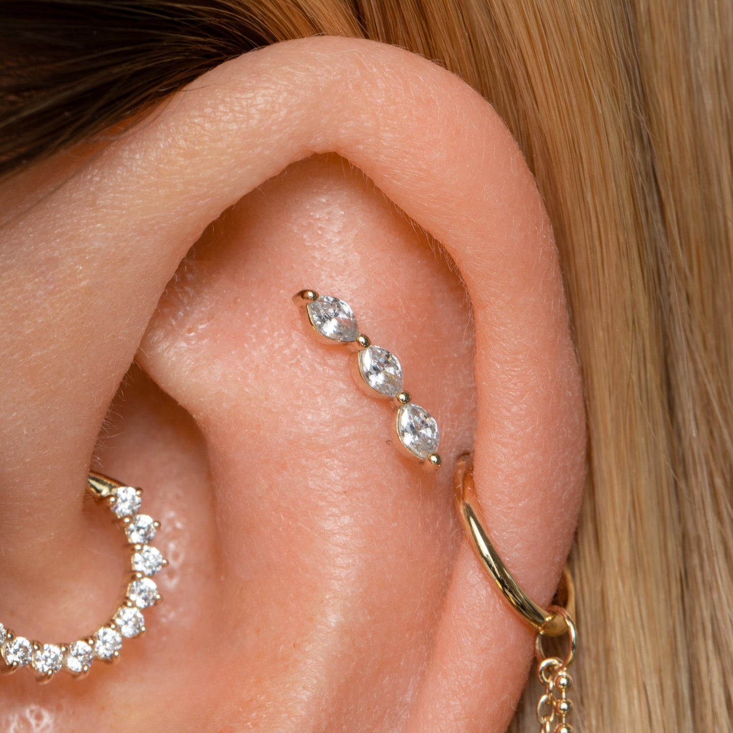 astrid miyu maria tash 9k solid yellow gold marquise trinity flat back labret stud earring Cartilage Studs Laura Bond