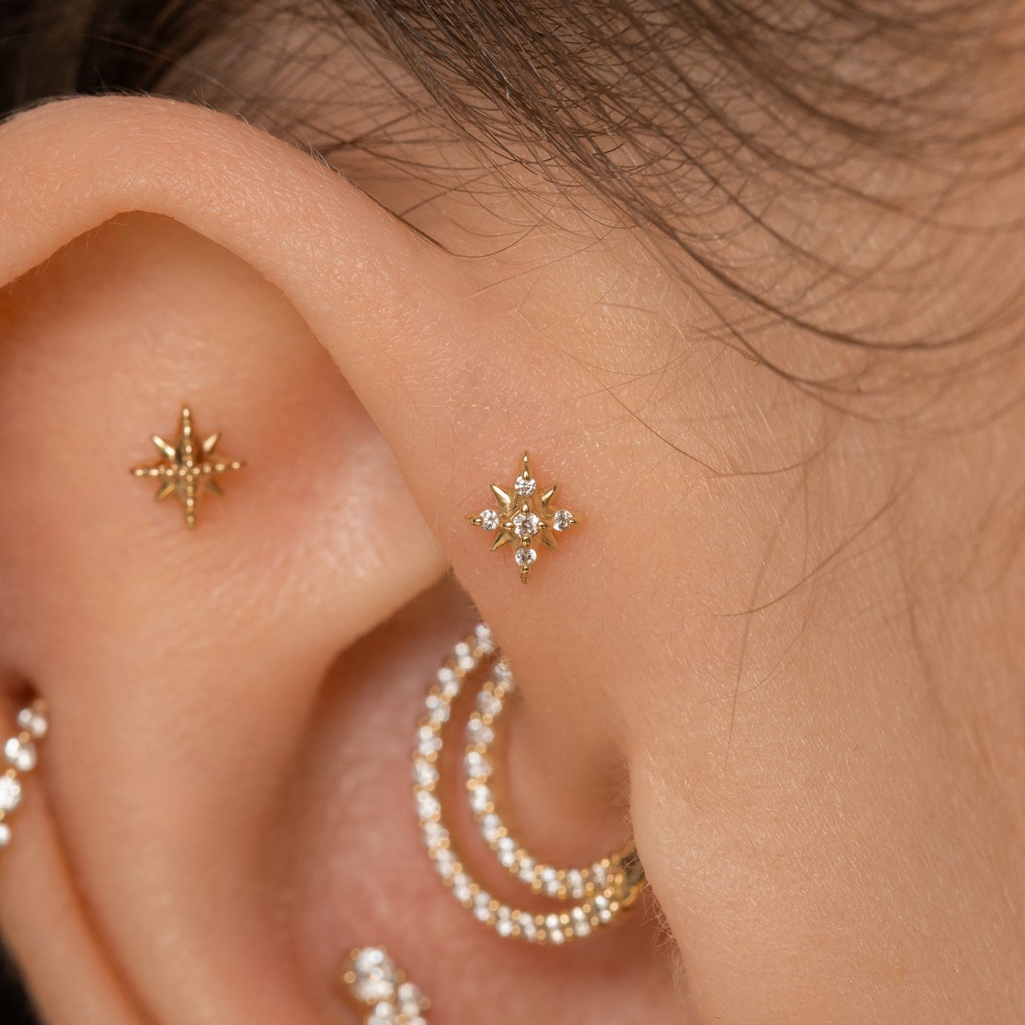 Laura Bond Jewellery 9k solid yellow gold Stella North Star flat back labret stud earring Cartilage Studs