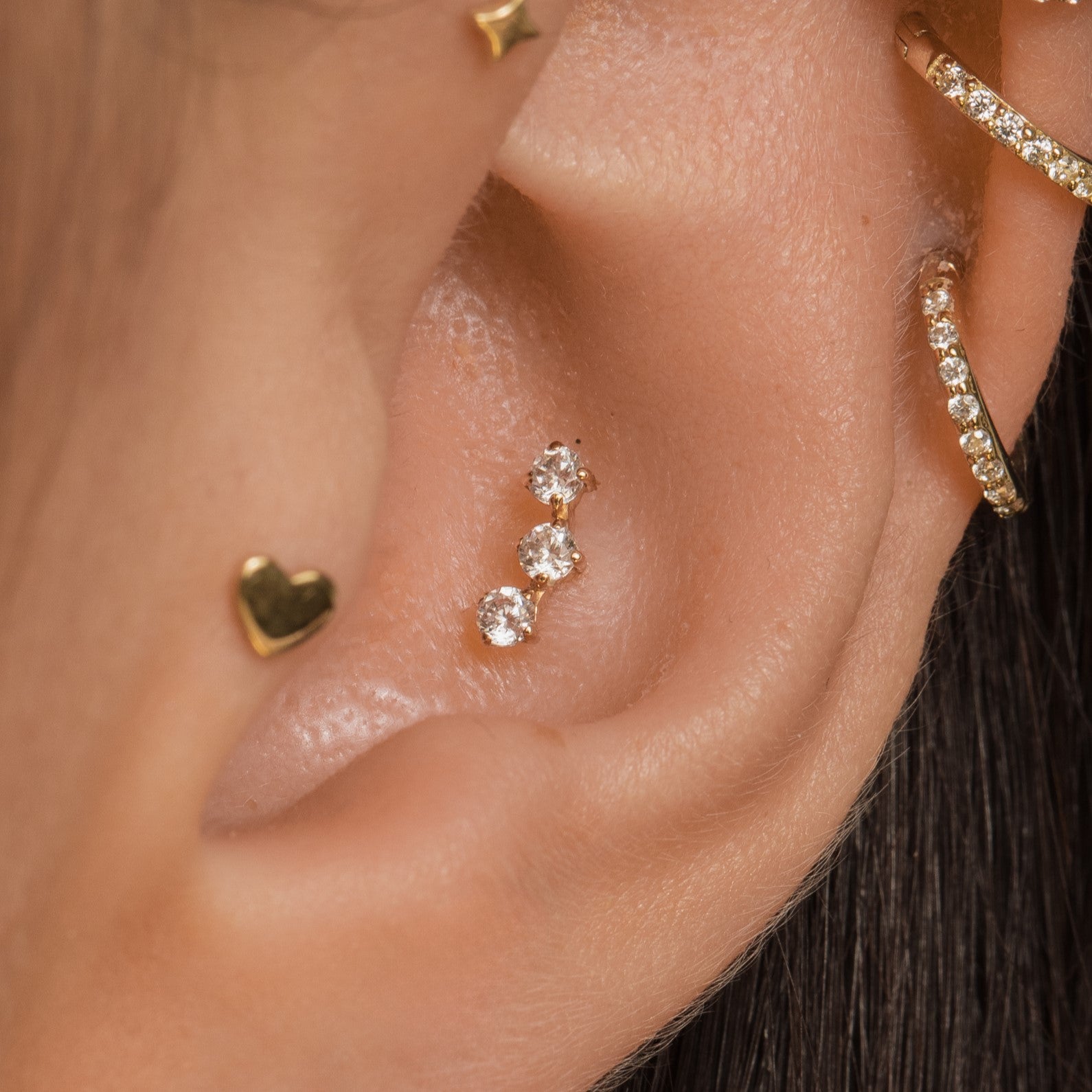 Laura Bond Jewellery Bold and Gold Edinburgh 9k solid yellow gold trinity crystal flat back labret stud earring 6mm Cartilage Studs