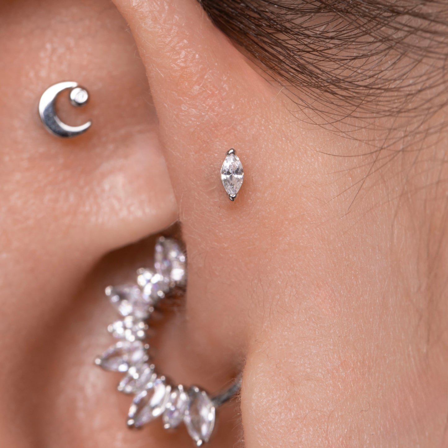 Laura Bond Jewellery 9k solid white gold tiny marquise flat back labret stud earring 6mm Cartilage Studs