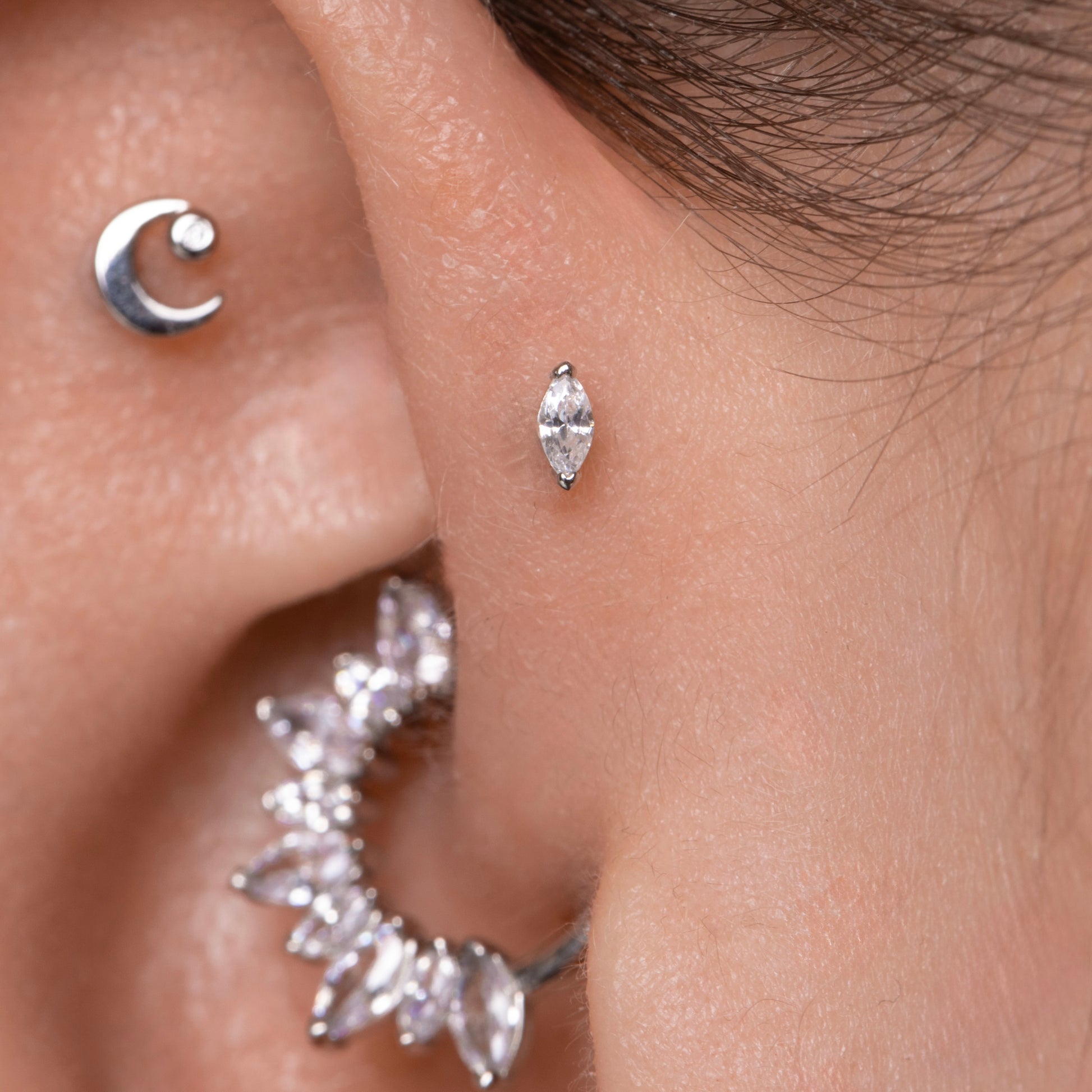Laura Bond Jewellery 9k solid white gold tiny marquise flat back labret stud earring 6mm Cartilage Studs