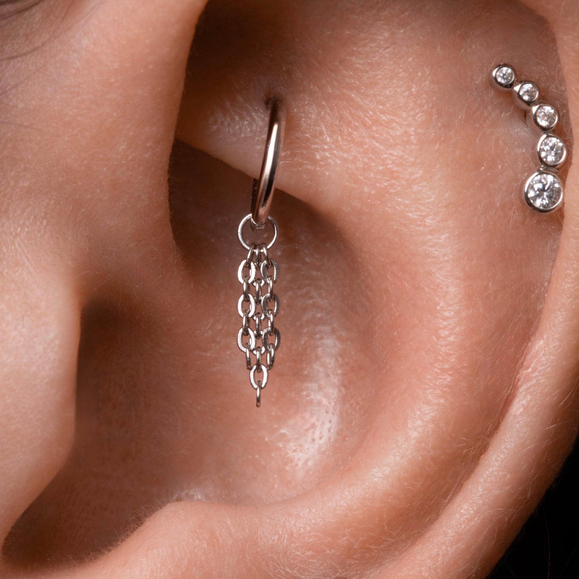 Laura Bond Jewellery 9k solid white gold 6mm 18g clicker hoop earring with Sunlight floating chain charm Huggies and Hoops