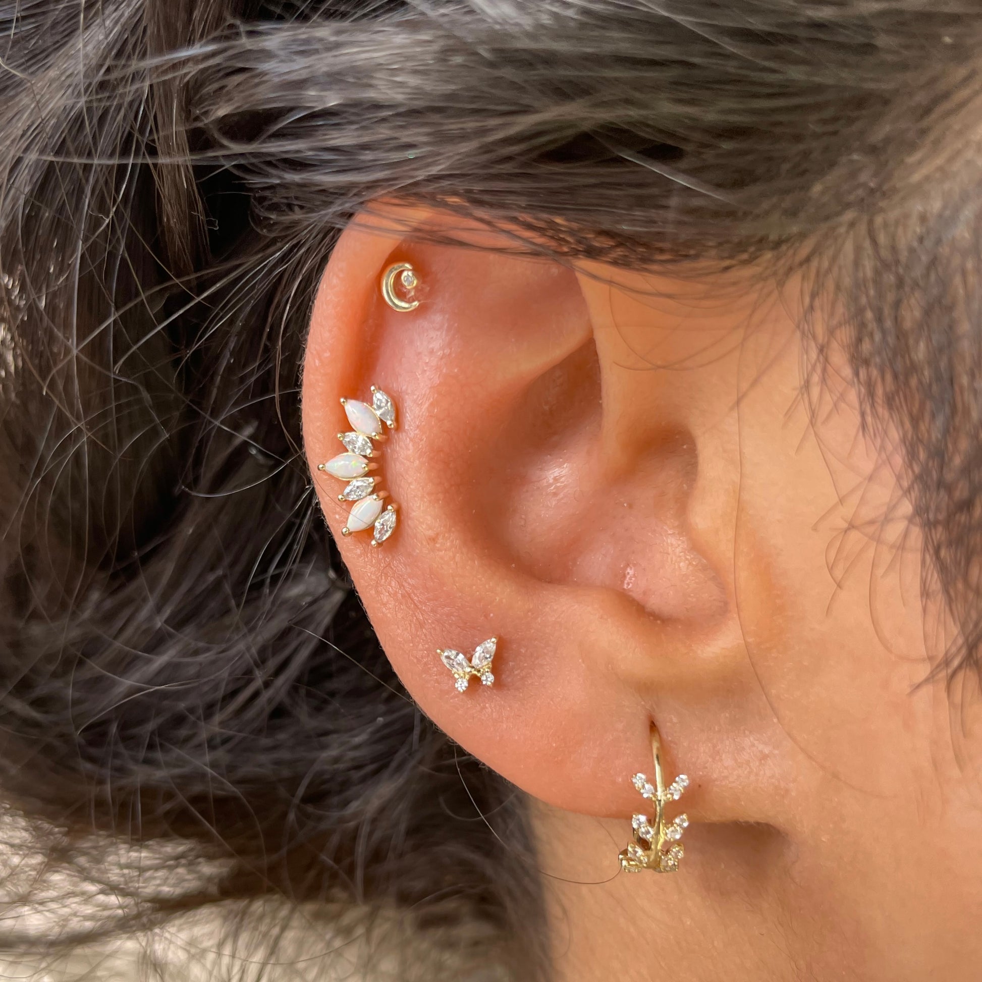 astrid miyu maria tash 14k solid yellow gold opal marquise Titania's Crown flat back labret stud earring 8mm Cartilage Studs Laura Bond