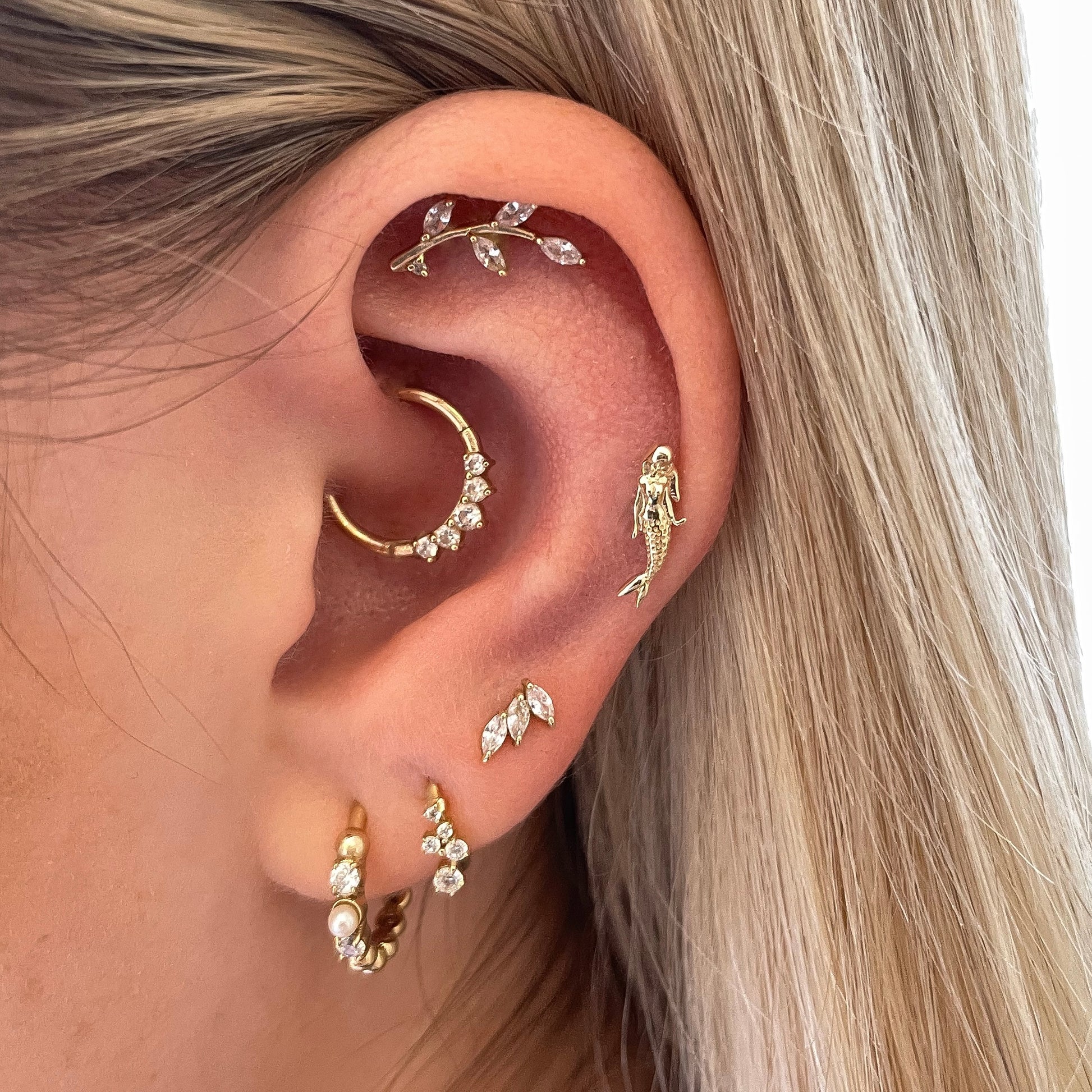 Laura Bond Jewellery 9k solid yellow gold mermaid flat back labret stud earring 6mm (left) Cartilage Studs