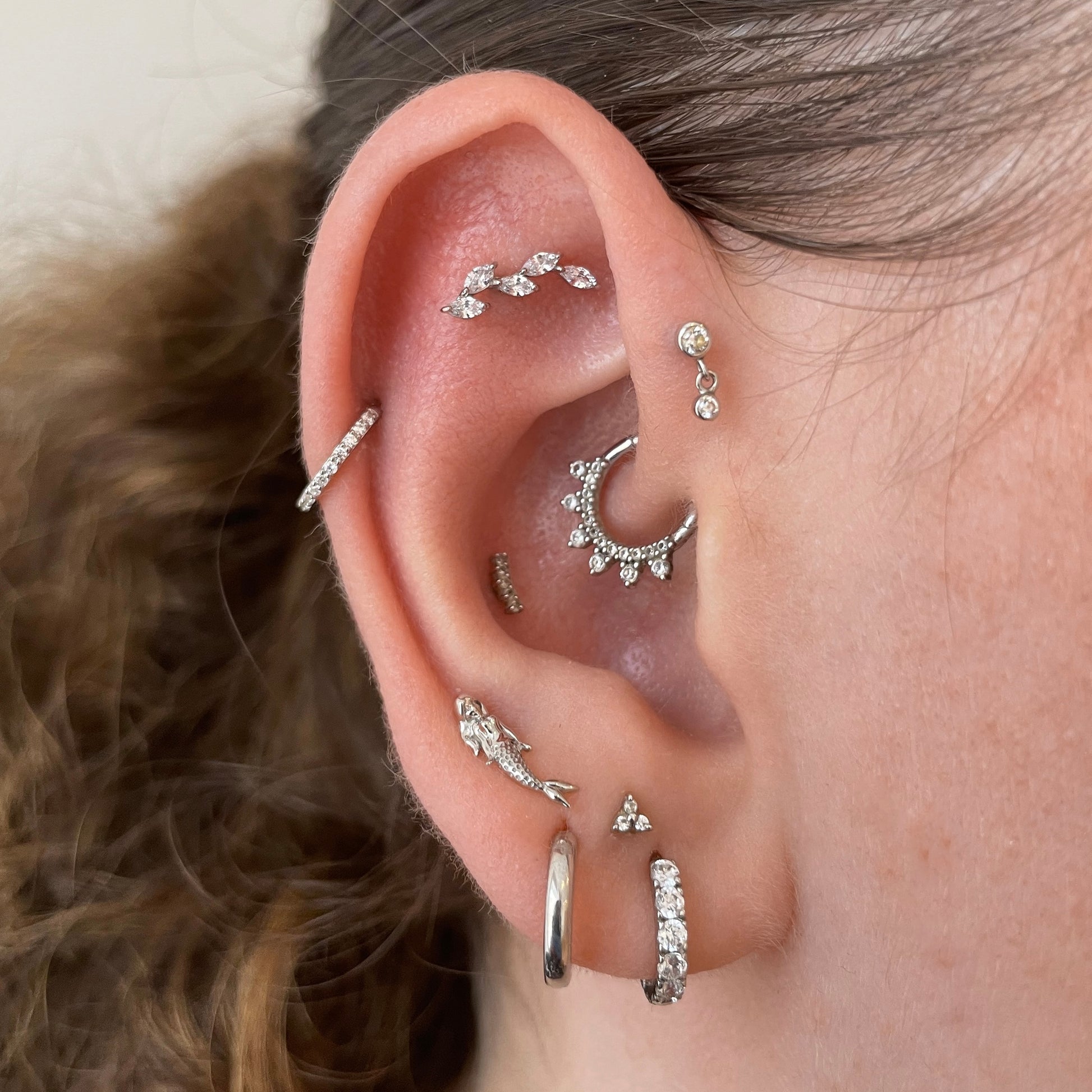 9k solid white gold mermaid flat back labret stud earring 6mm (right) Cartilage Studs Laura Bond Jewellery
