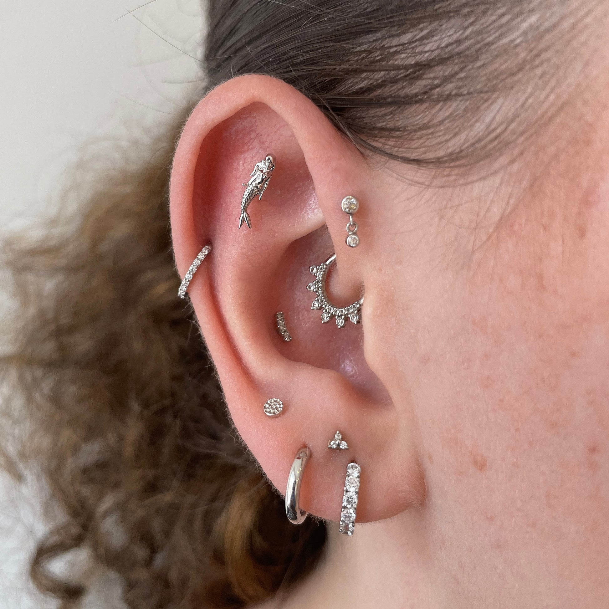 9k solid white gold mermaid flat back labret stud earring 6mm (right) Cartilage Studs Laura Bond Jewellery