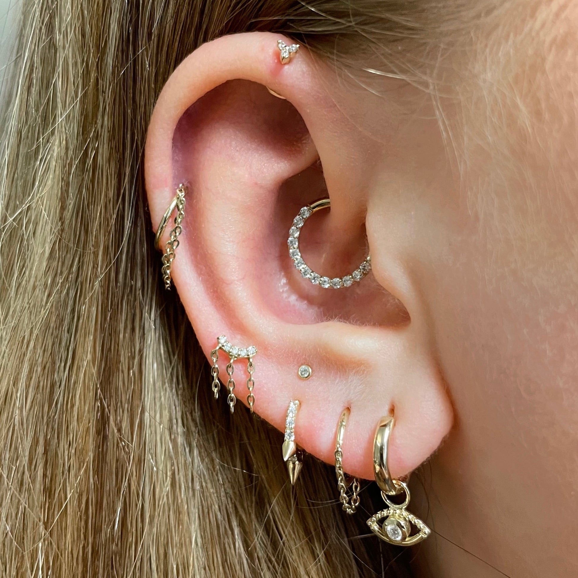 Laura Bond Jewellery Bold and Gold Edinburgh 14k solid yellow gold tiny trio flat back labret stud earring 8mm Cartilage Studs