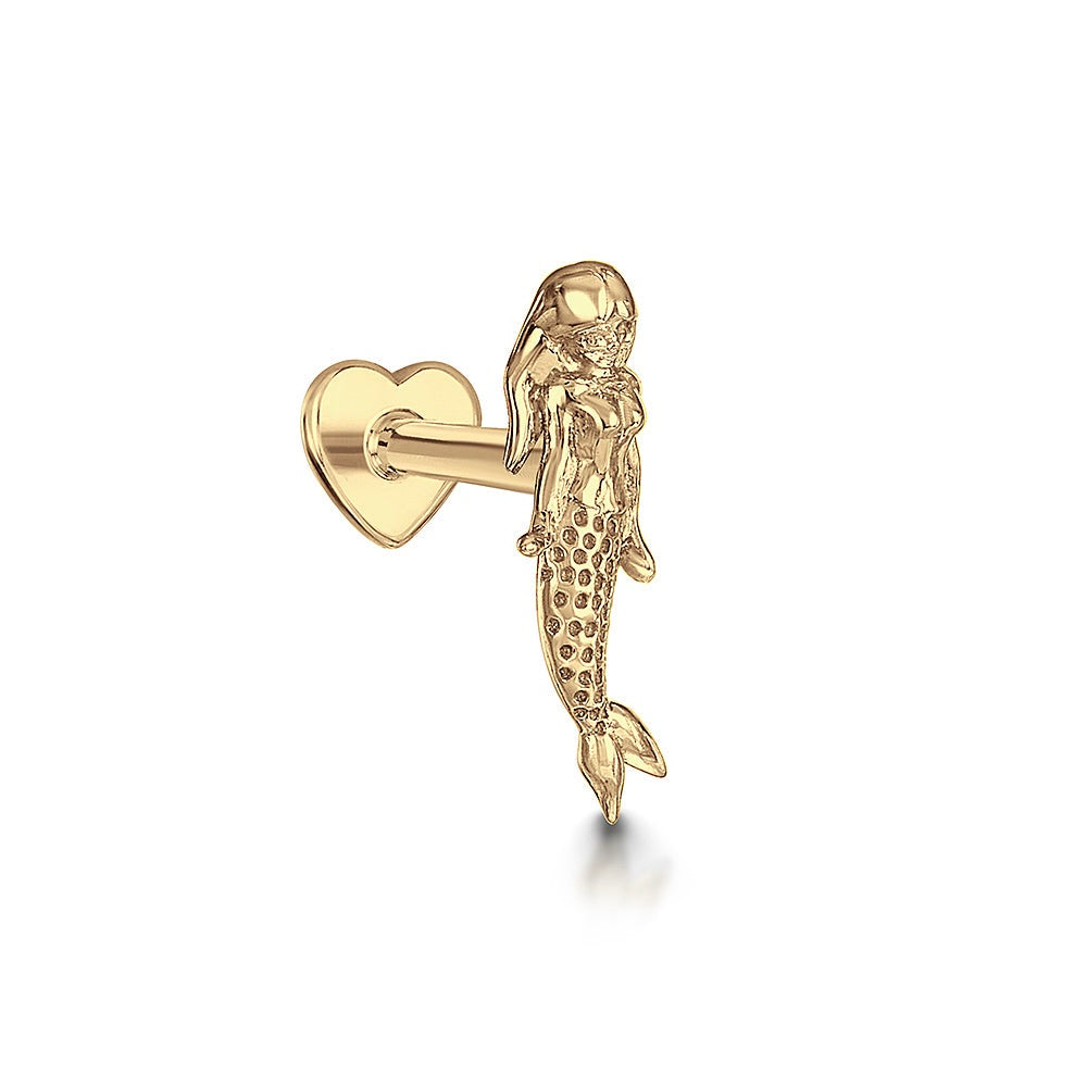 9k solid yellow gold mermaid flat back labret stud earring 6mm (right) Cartilage Studs Laura Bond Jewellery