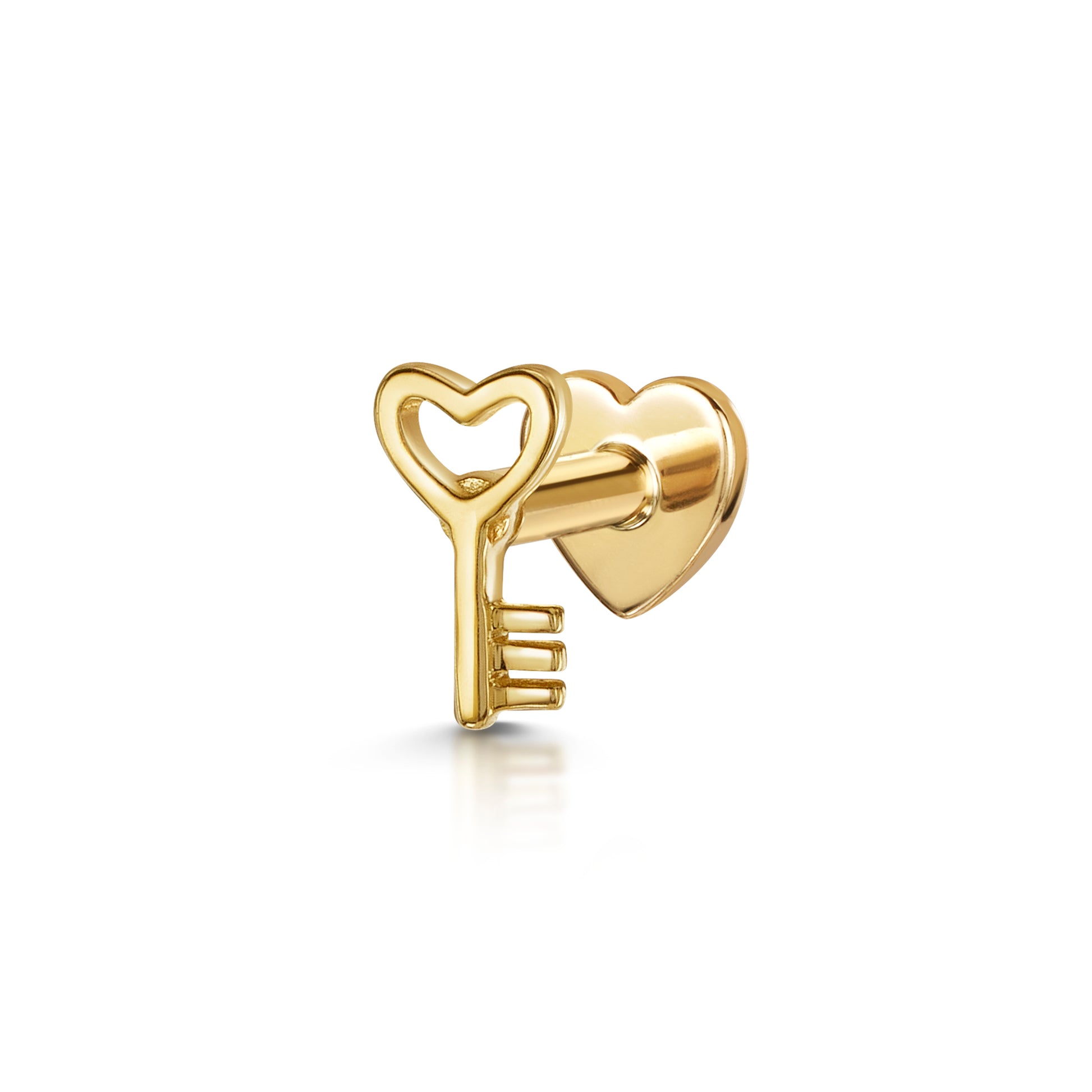 Laura Bond Jewellery 14k solid yellow gold Love Key flat back labret stud earring 8mm Cartilage Studs