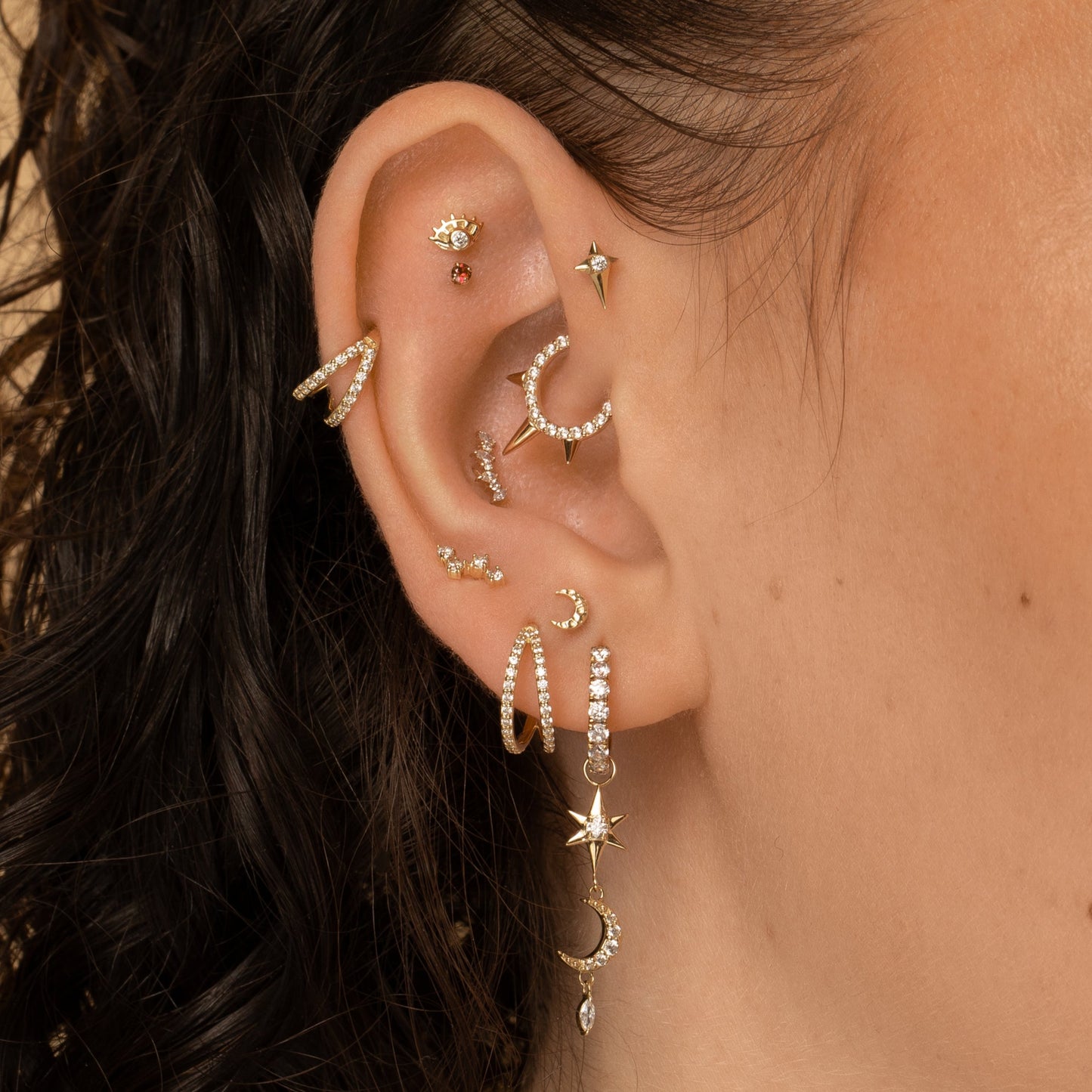 Laura Bond Jewellery 9k solid yellow gold double crystal clicker clicker hoop earring Huggies and Hoops