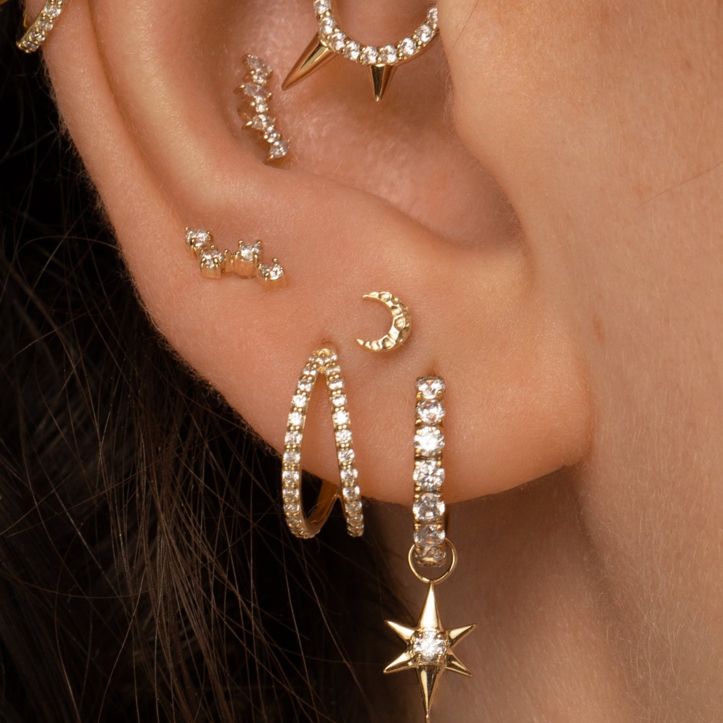 Laura Bond Jewellery 9k solid yellow gold hammered moon flat back labret stud earring Cartilage Studs