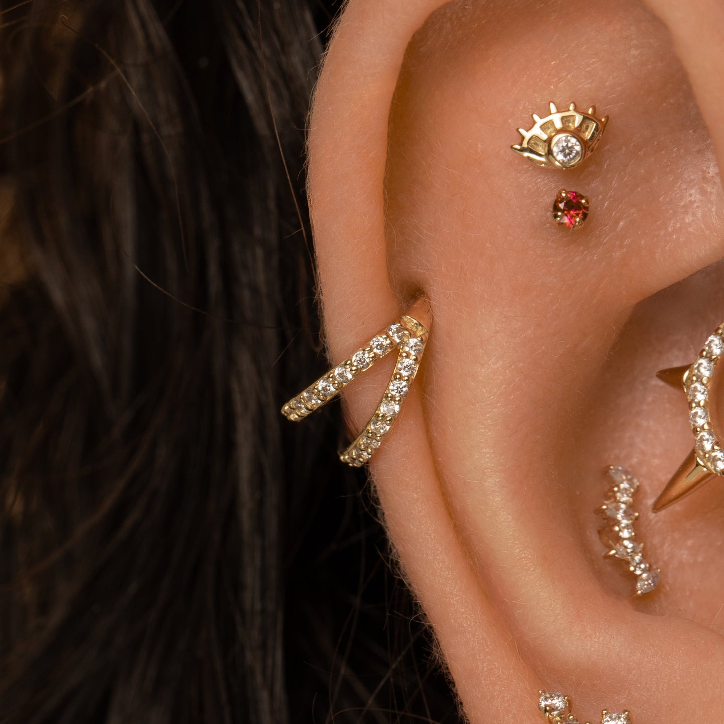 Laura Bond Jewellery 9k solid yellow gold double crystal clicker clicker hoop earring Huggies and Hoops