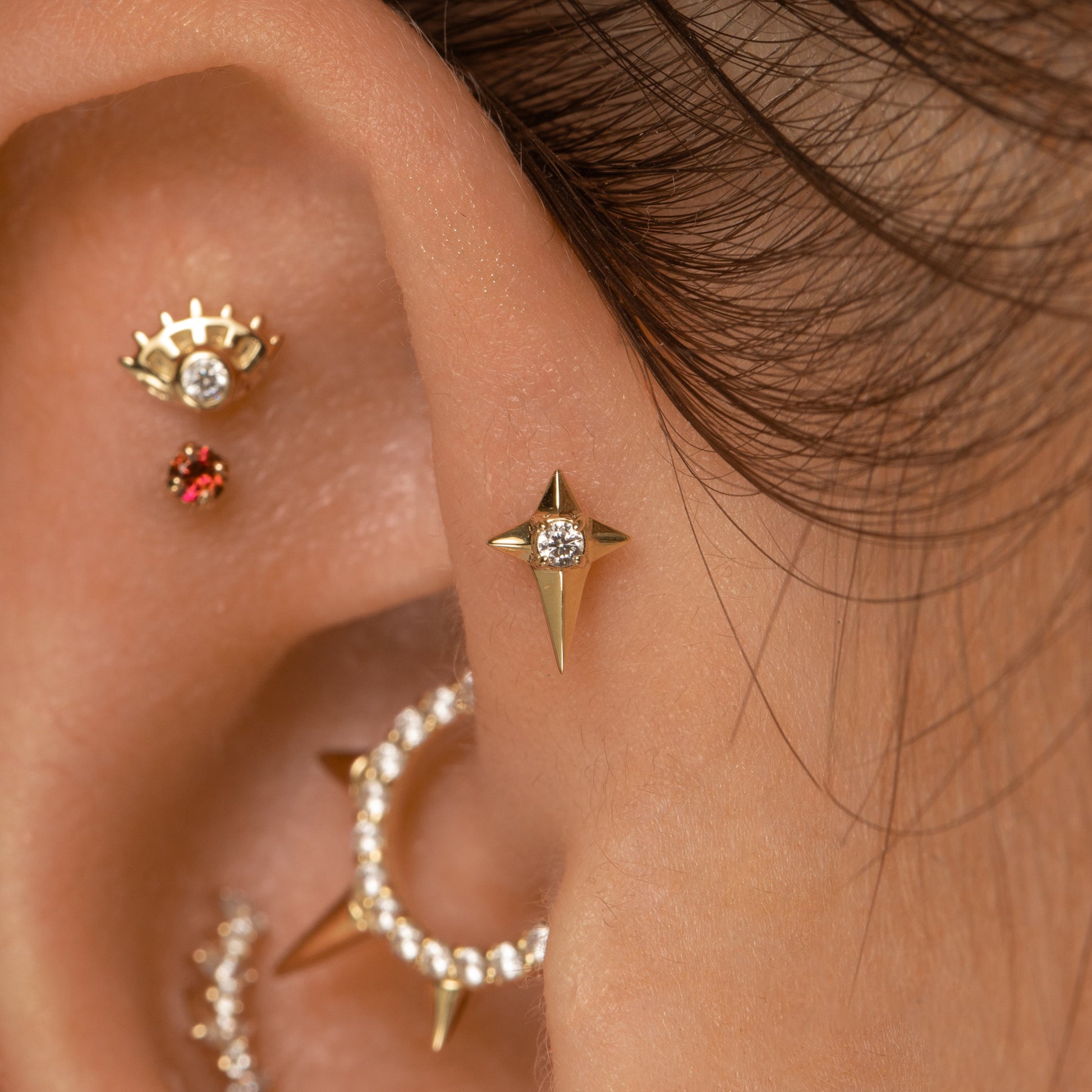 Laura Bond Jewellery 9k solid yellow gold Eclipta star flat back labret stud earring Cartilage Studs