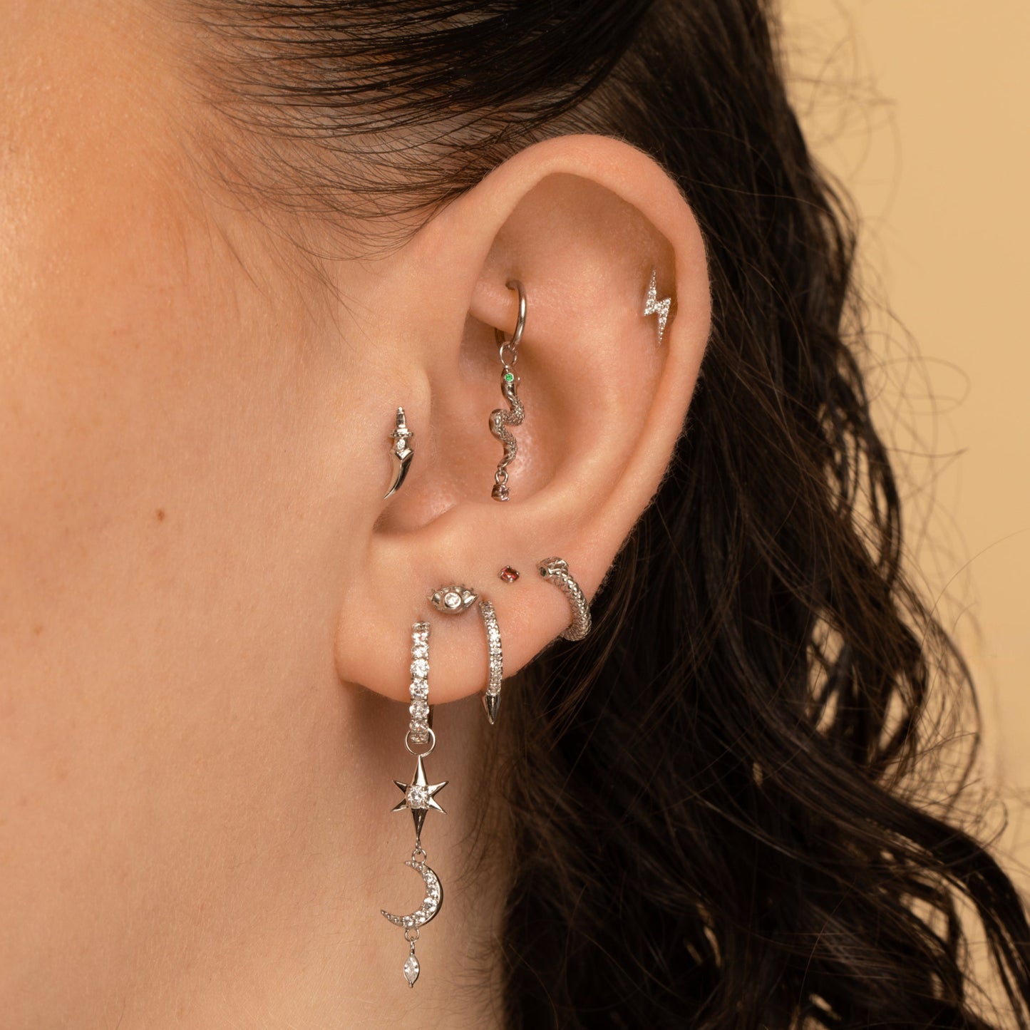 Laura Bond Jewellery 9k solid white gold Zira curved dagger flat back labret stud earring Cartilage Studs