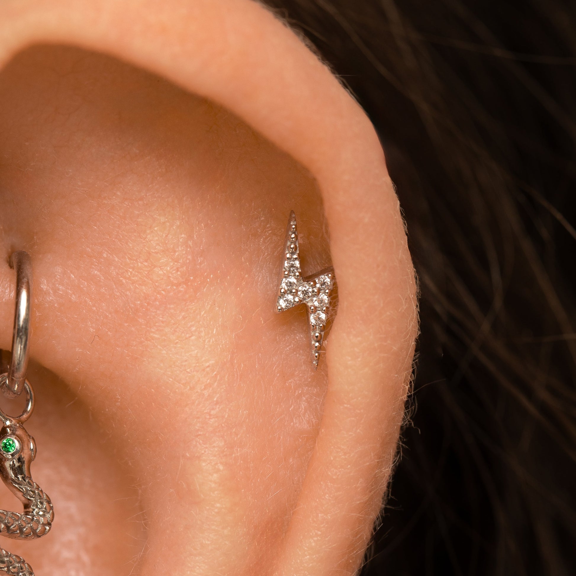 Laura Bond Jewellery 14k solid white gold Flash lightning bolt flat back labret stud earring Cartilage Studs