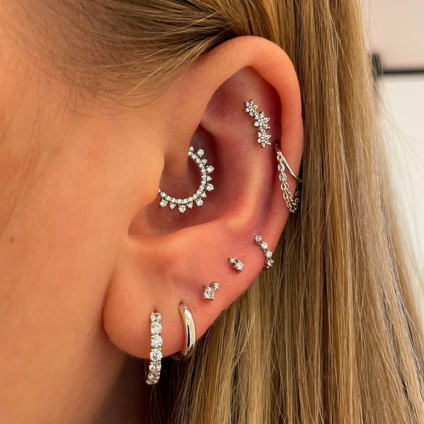 Laura Bond Jewellery 9k solid white gold four-stone crystal teeny tiny huggie earring Huggies and Hoops