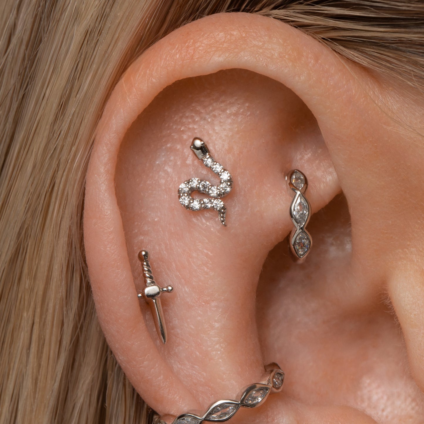 Laura Bond Jewellery Bold and Gold Edinburgh 14k solid white gold sparkly snake flat back labret stud earring 8mm Cartilage Studs