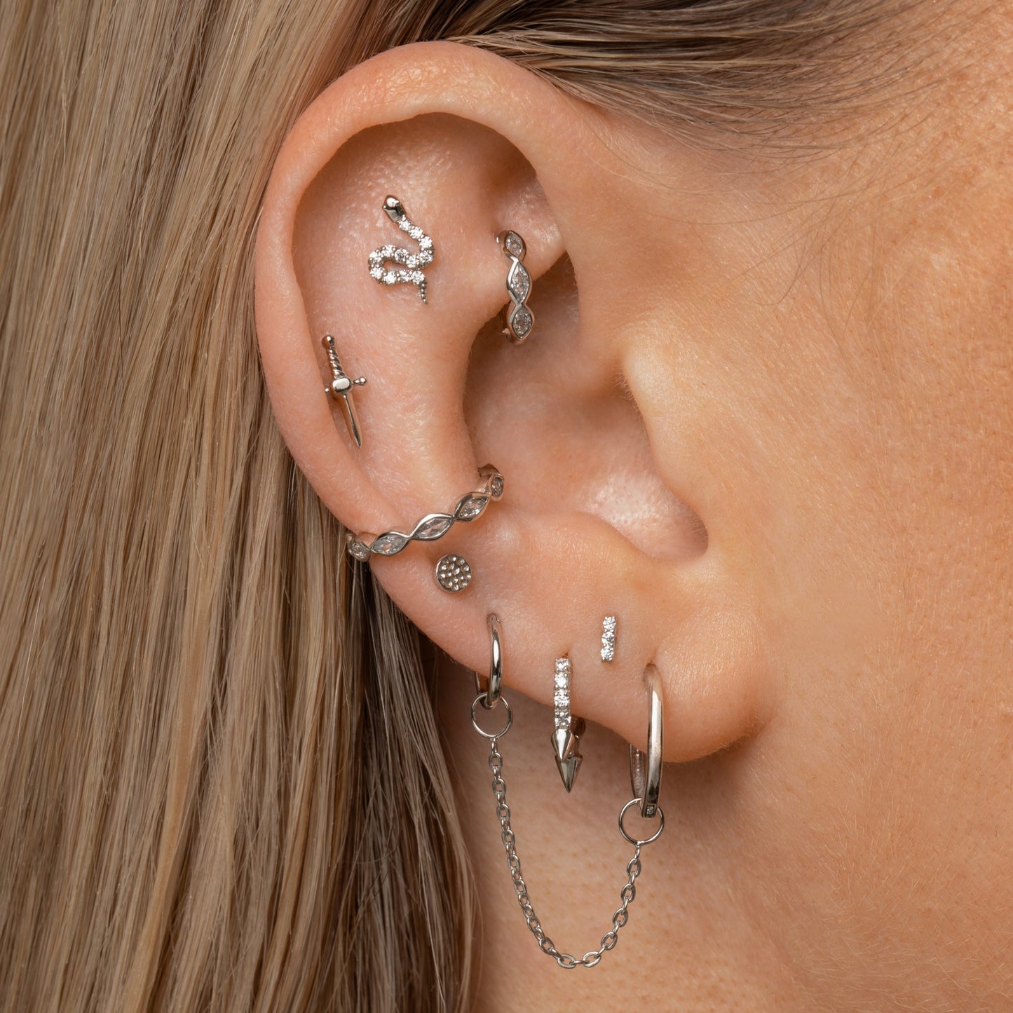 Laura Bond Jewellery 9k solid white gold 6mm 16g marquise crystal mini clicker hoop earring Huggies and Hoops