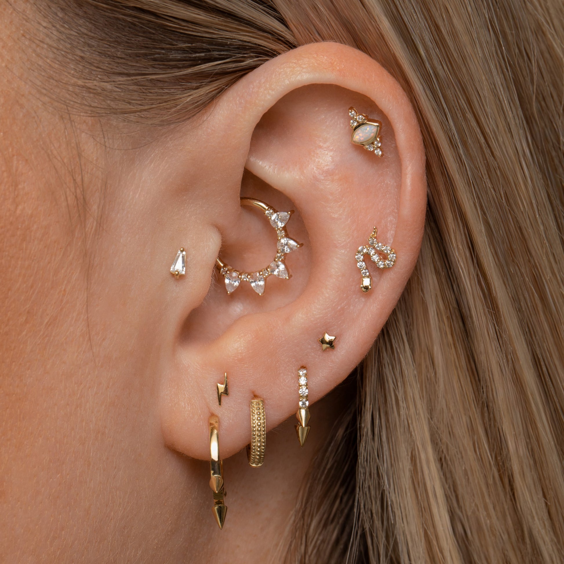 Laura Bond Jewellery Bold and Gold Edinburgh 14k solid yellow gold tiny lightning bolt flat back labret stud earring 8mm Cartilage Studs
