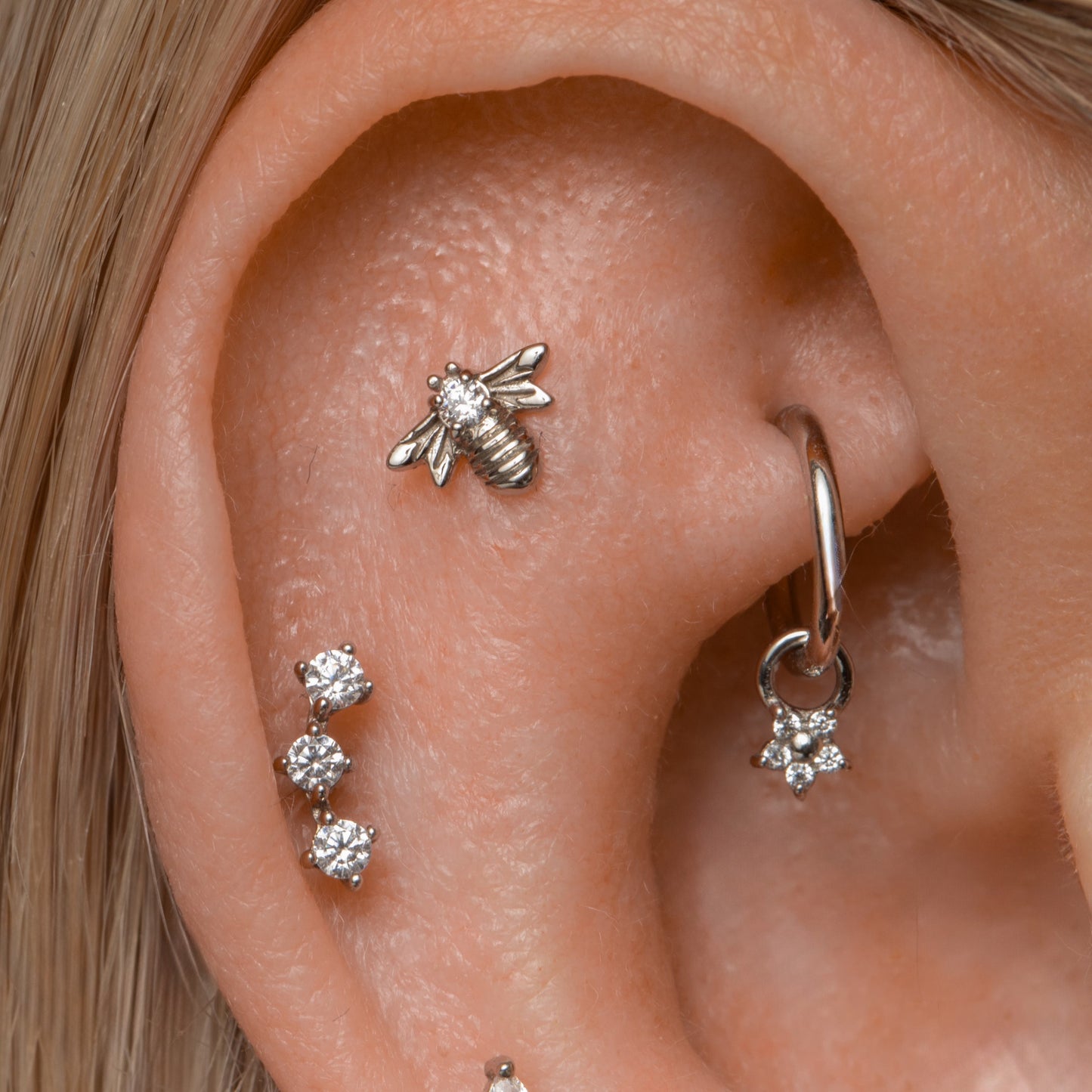 14k solid white gold bee flat back labret stud earring 8mm Cartilage Studs Laura Bond Jewellery
