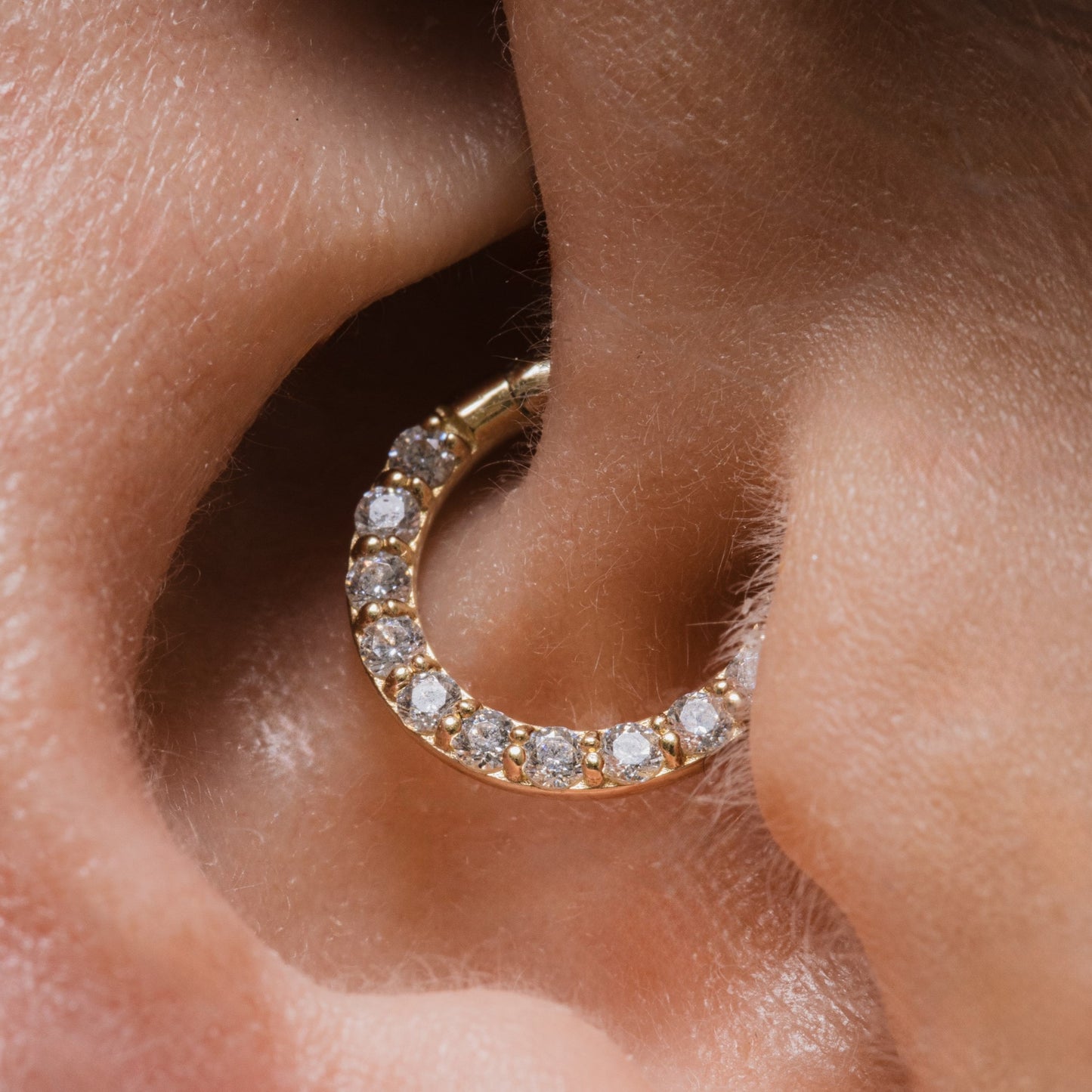 Laura Bond Jewellery Bold and Gold Edinburgh 9k solid yellow gold 8mm 16g simple crystal hoop for daith or septum Huggies and Hoops