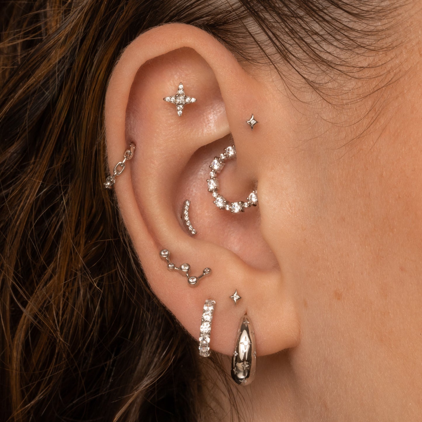 Laura Bond Jewellery 14k solid white gold constellation flat back labret stud 8mm Cartilage Studs