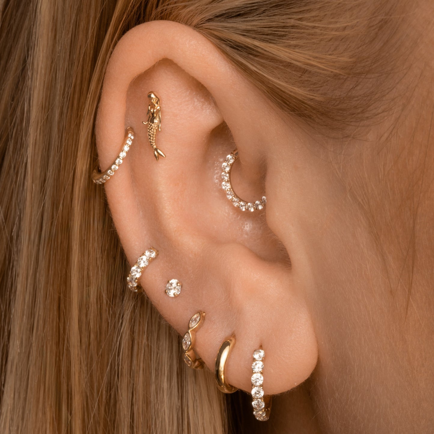 9k solid yellow gold mermaid flat back labret stud earring 6mm (right) Cartilage Studs Laura Bond Jewellery