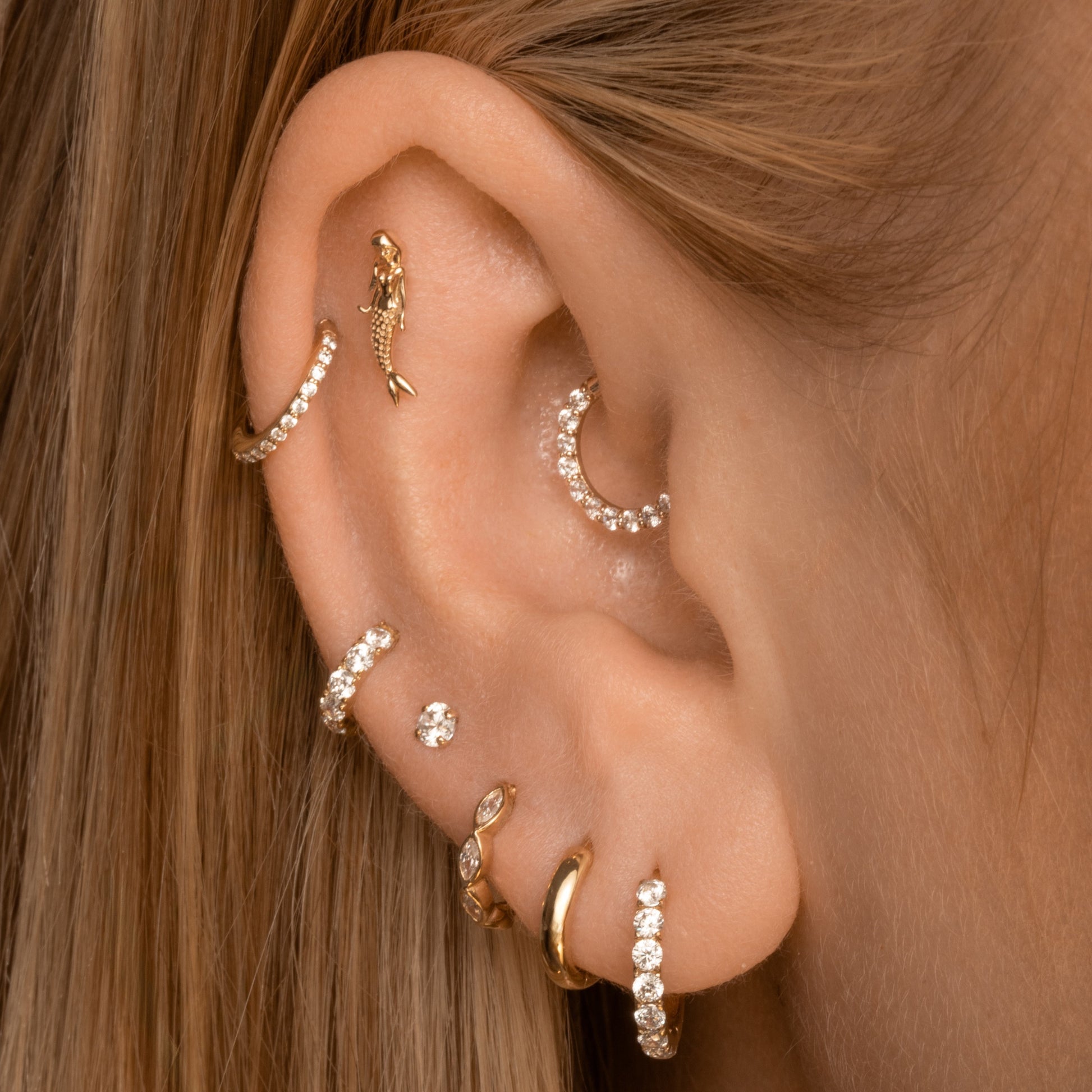 9k solid yellow gold mermaid flat back labret stud earring 6mm (right) Cartilage Studs Laura Bond Jewellery